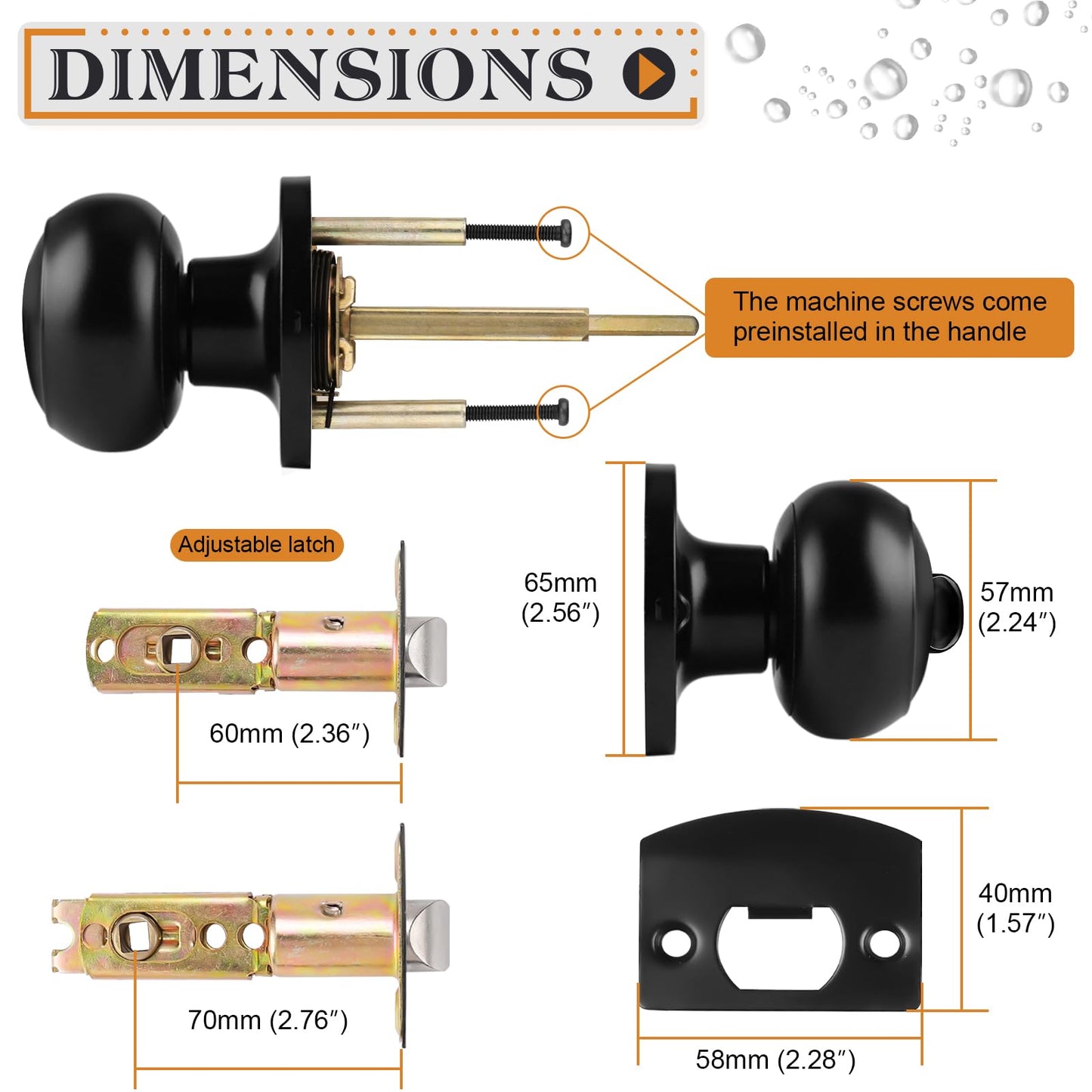 Probrico Black Door Knobs for Bedroom Bathroom, Interior Door Knob with Round Ball, Matte Black Privacy Door Knob, 6 Pack