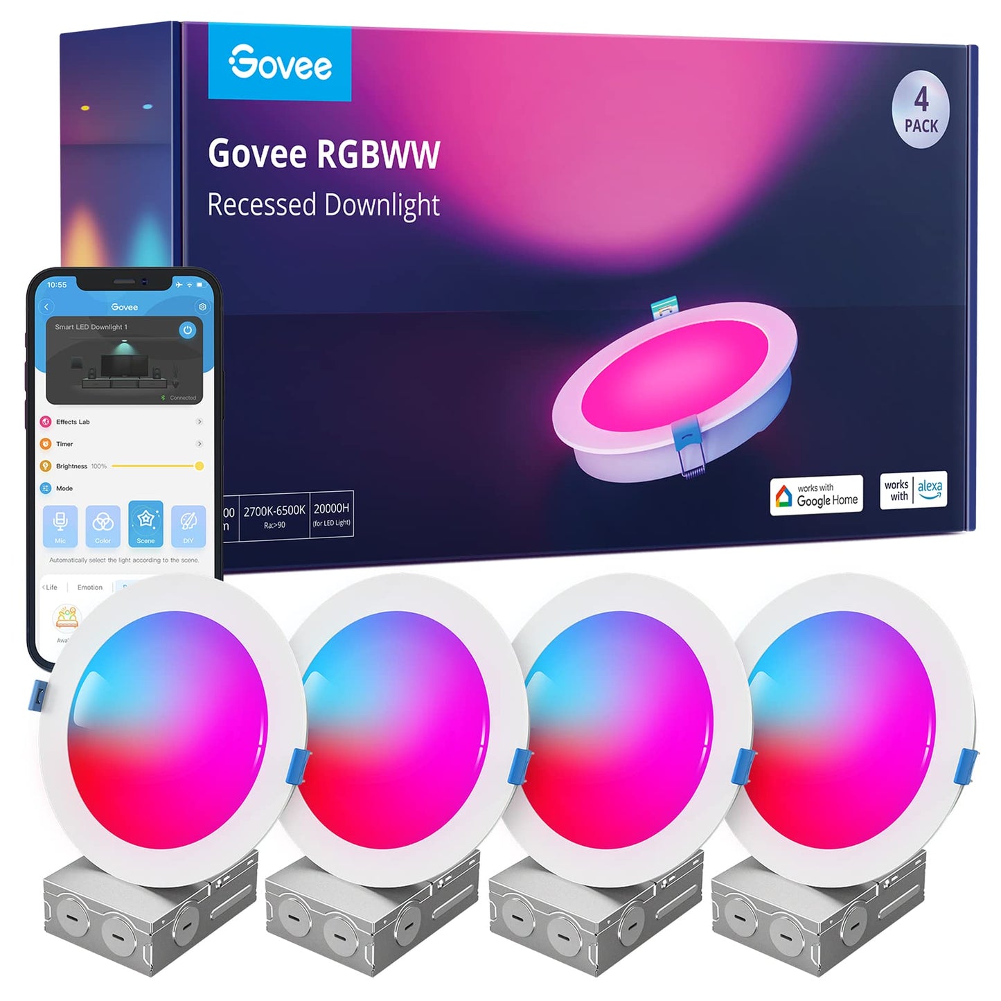 Govee 6" Smart RGBWW LED Recessed Lights 4-Pack, Wi-Fi & Bluetooth, 65 Scenes, Alexa & Google Compatible, 1100 Lumen, Canless