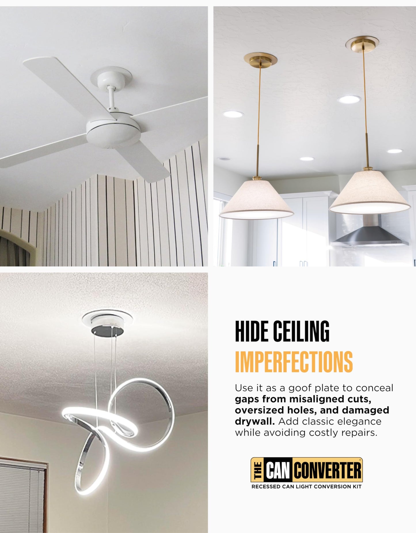 Can Converter Ceiling Medallion for 5" & 6" Recessed Lights – White Steel Decorative Cover Plate for Chandeliers & Pendants