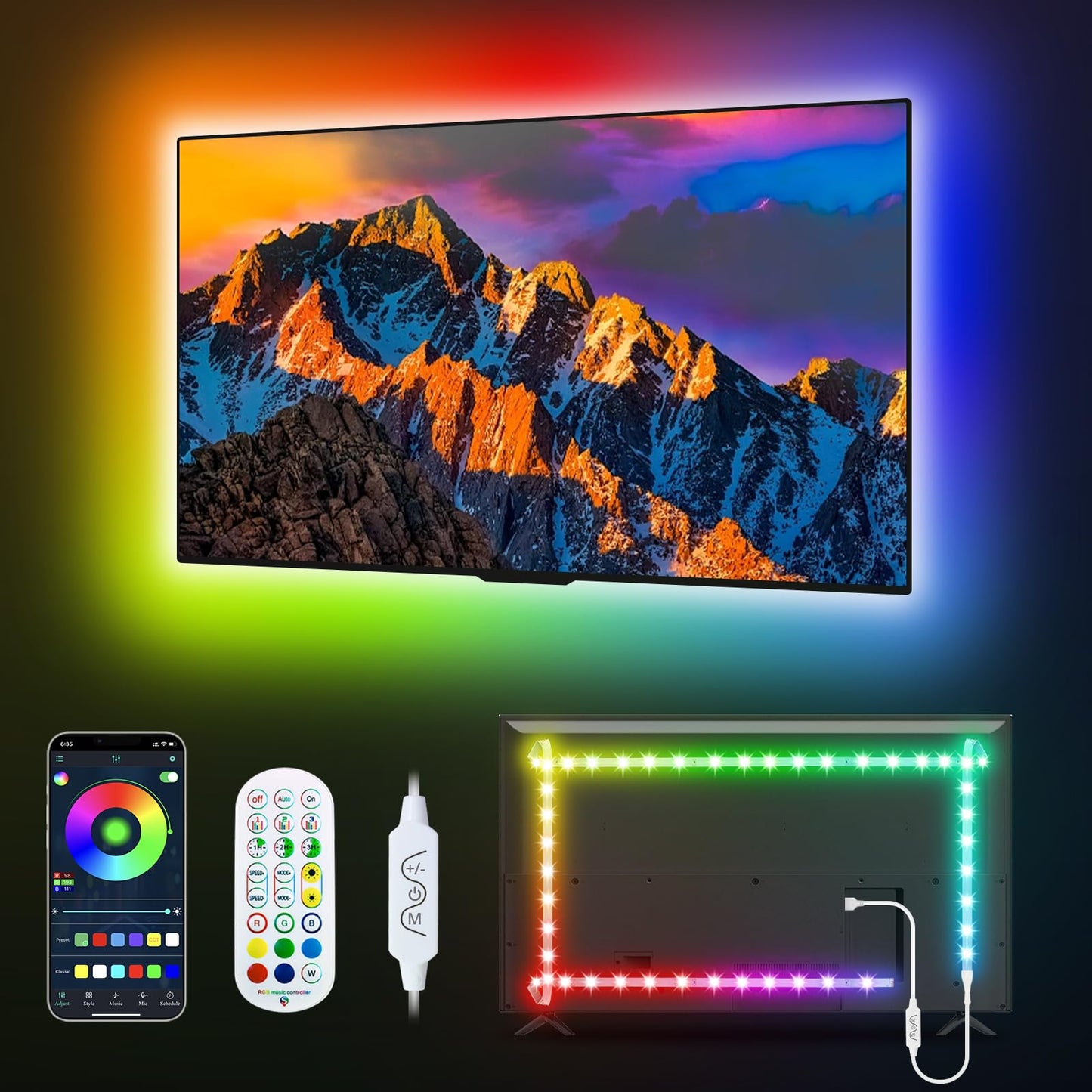 Daymeet 9.8FT LED TV Backlight for 32-60" TVs, RGBICW Color Changing Strip, Music Sync, Bluetooth APP Control, USB LED Lights for Bedroom