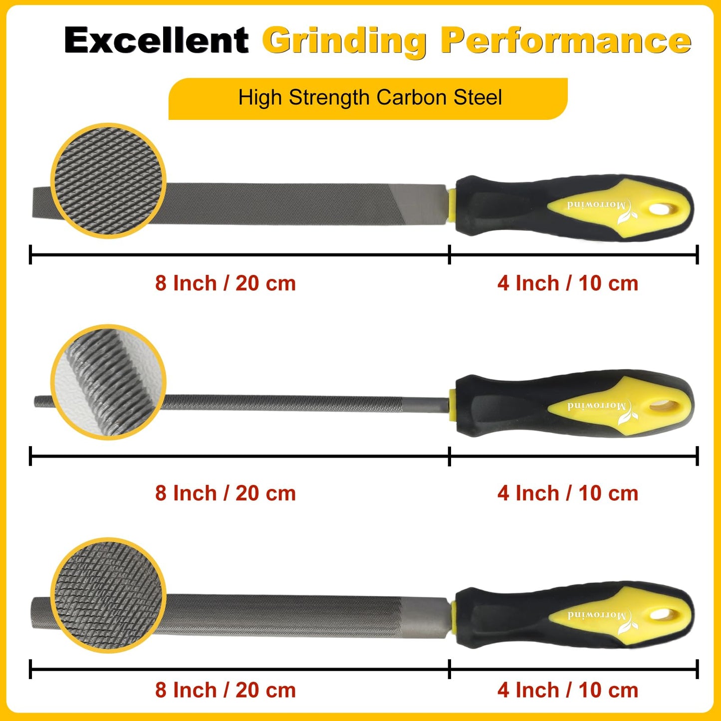 MORROWIND 3-Pc Metal File Set, 8" Carbon Steel Flat, Half-Round & Round Files, Heavy-Duty for Metal, Wood, Plastic – Yellow