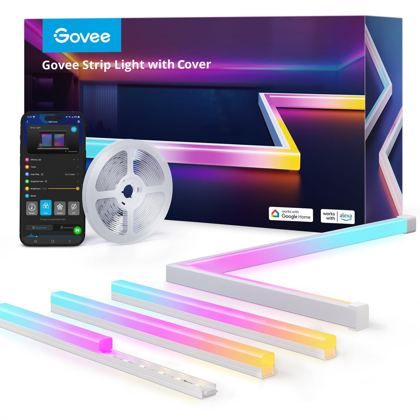 Govee 16.4ft RGBIC LED Strip Lights with Covers, Smart Color-Changing LED Lights for Bedroom, Studio, Cabinet, Works with Alexa & Google