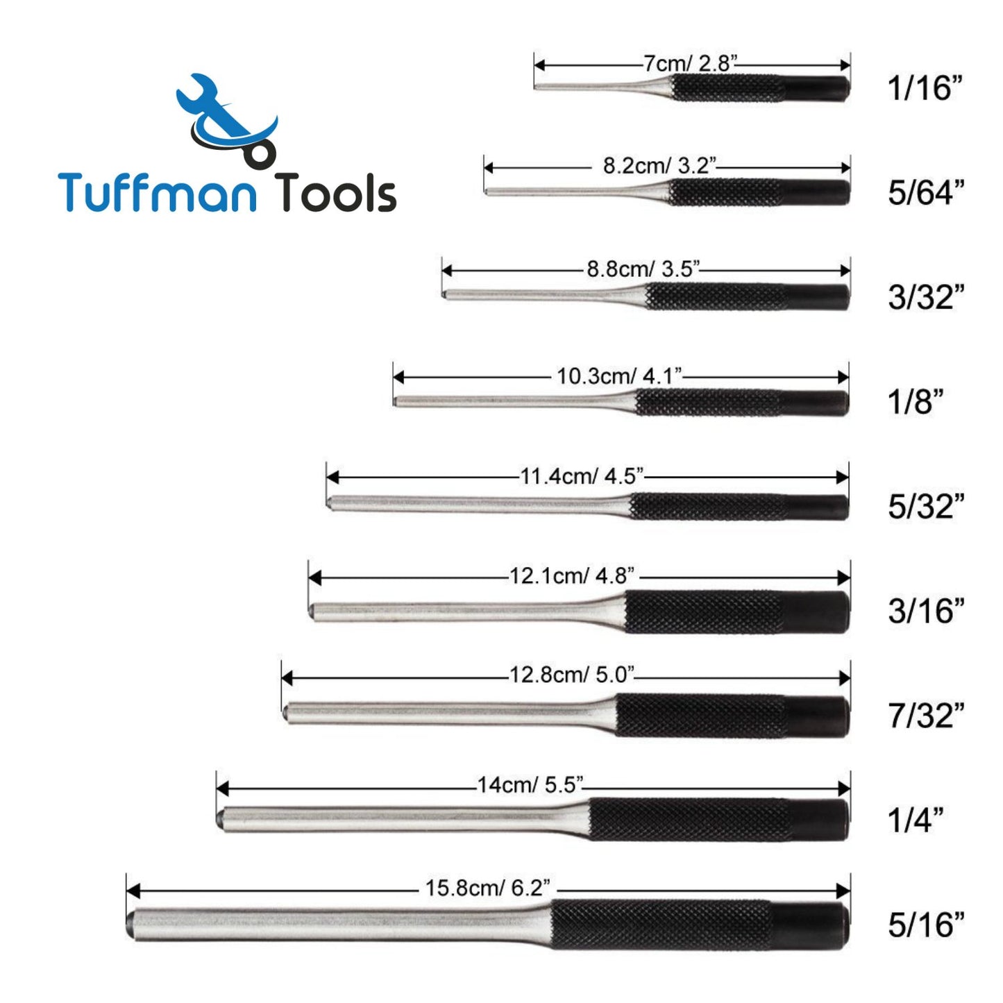 TuffMan Tools, Roll Pin Punch Set 9pc - Great Nail Punch for Gun Tool Kit Building, Watch Repair Kit and Removing Firing Pin with Tool Pouch