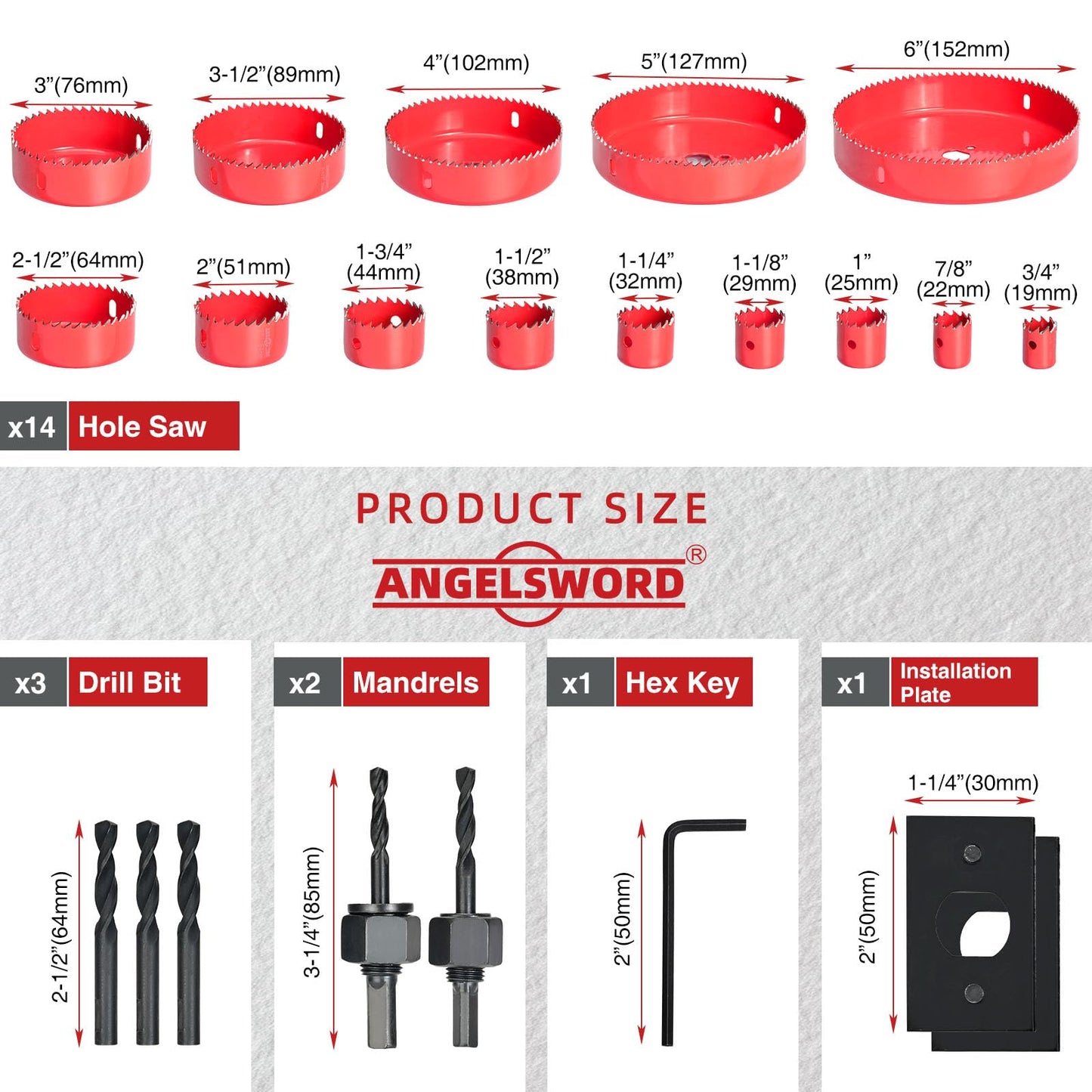 ANGELSWORD 24-Piece Hole Saw Set, 14 Blades 3/4"-6" (19-152mm), Double-Ground Teeth, Drill Bit Kit for Wood, Drywall, PVC & Plastic