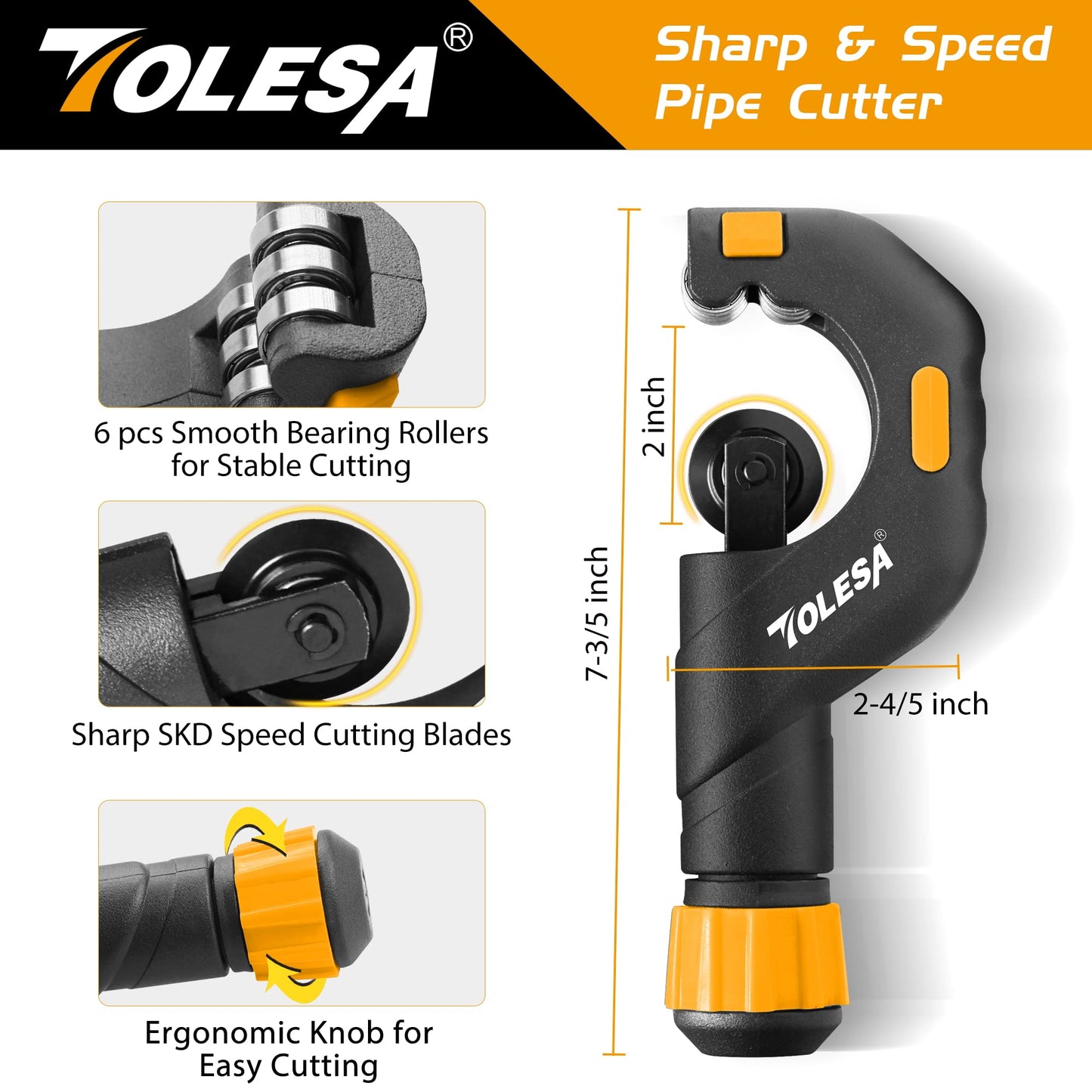 TOLESA Heavy Duty Pipe Cutter 3/16–2" (5–50mm) with Deburring Tool, Sharp Copper Tube Cutter for Stainless Steel, Aluminum & Brass