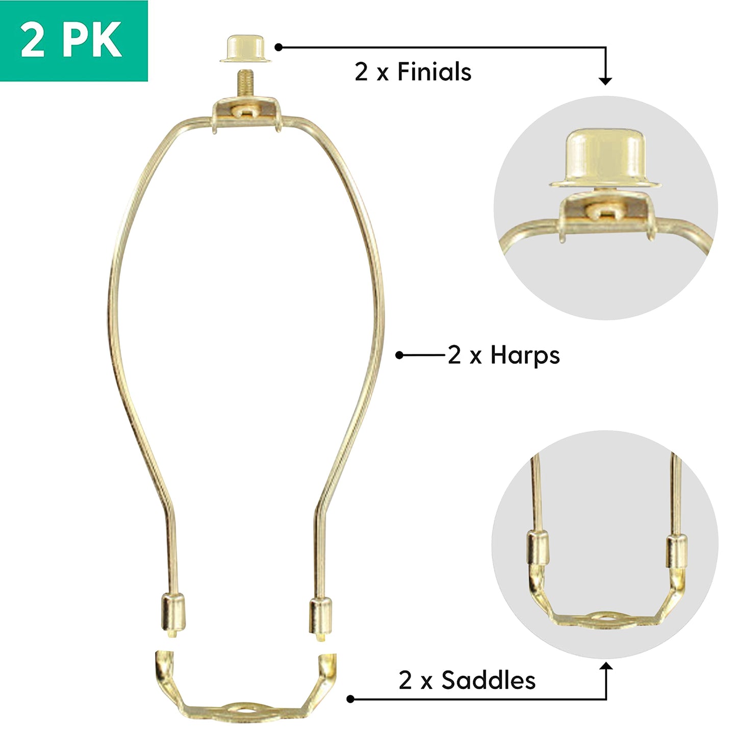 I Like That Lamp 2-Pack Brass 10" Lamp Harp Set with Saddle Holder & Finial, Fits 11"-12" Lampshades for Table & Floor Lamps