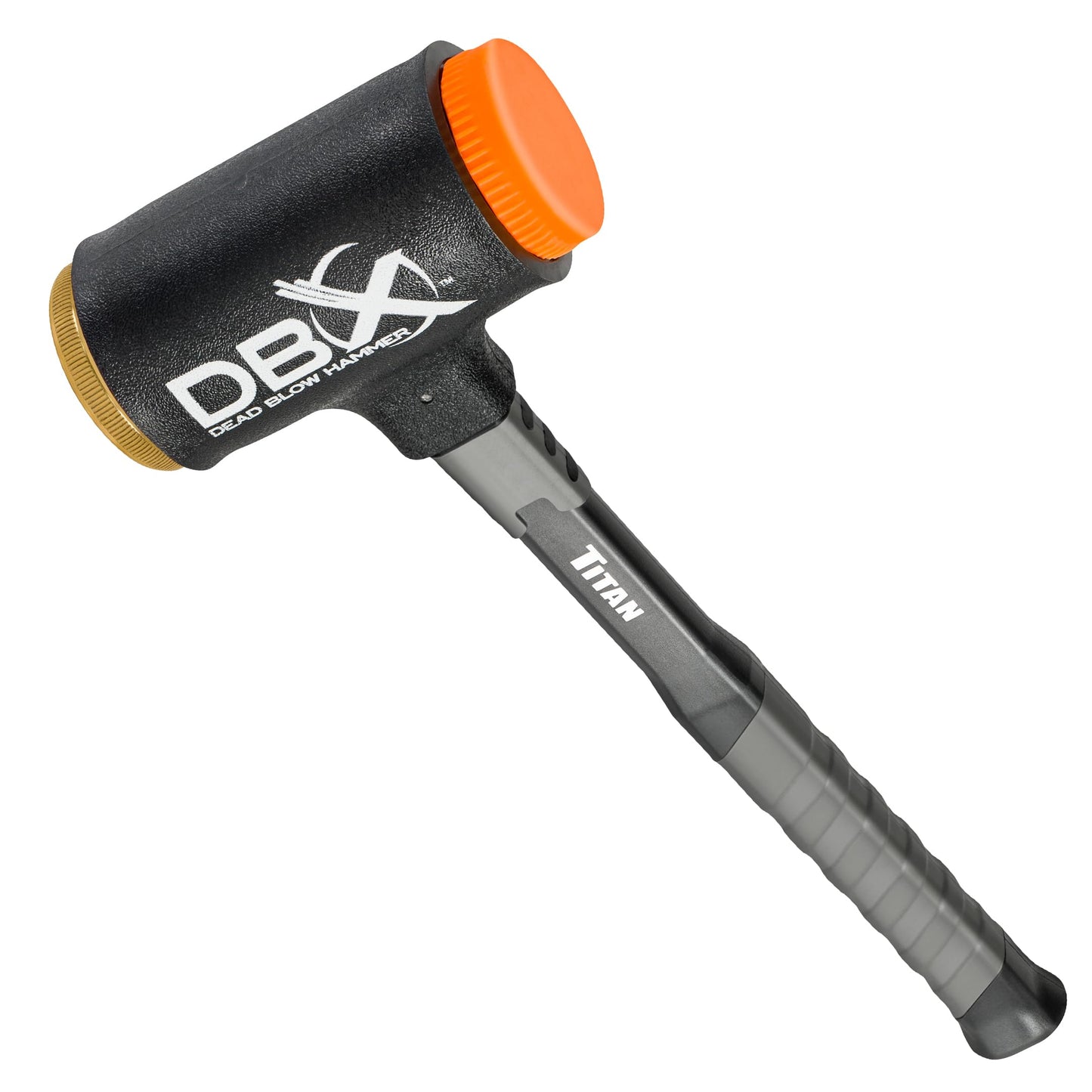 Titan DBX 63630 28oz Dead Blow Hammer, Interchangeable Polyurethane & Brass Faces, Rebound Resistant, 14" Fiberglass Handle