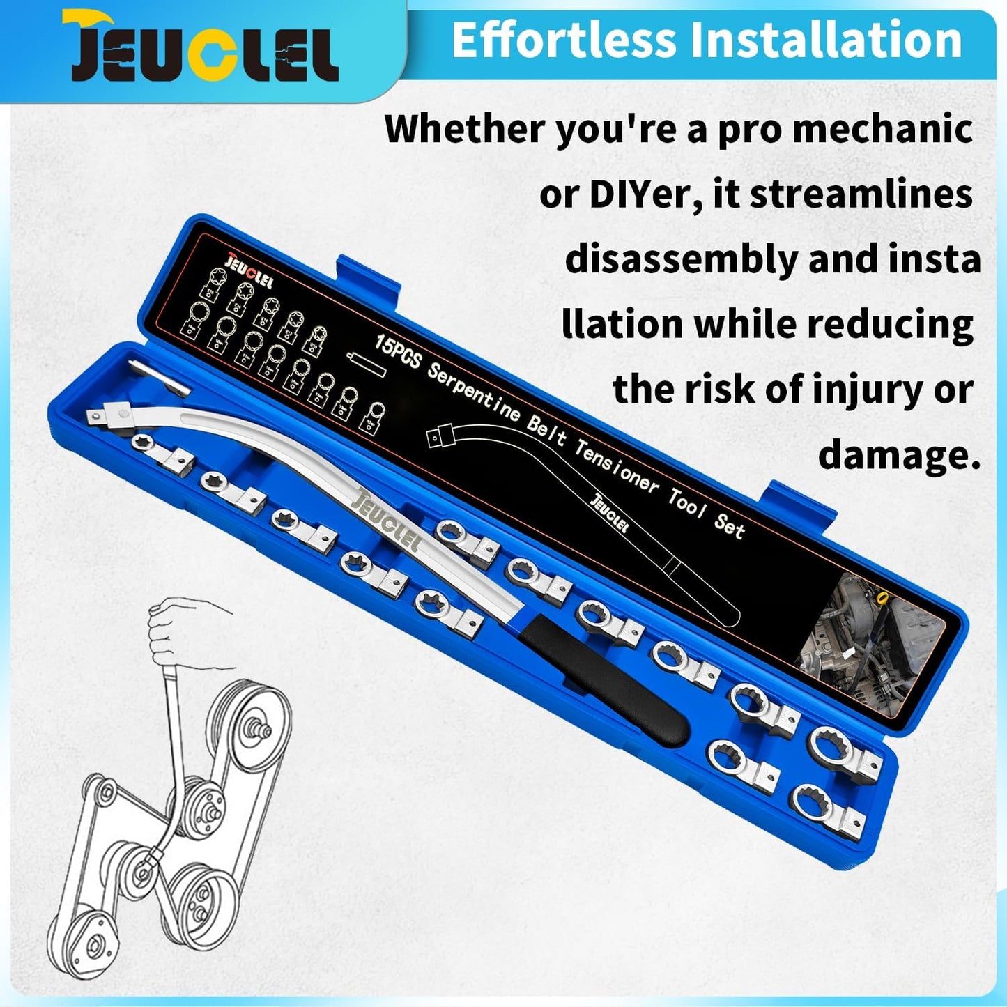 15PCS Universal Serpentine Belt Tensioner Pulley Removal Tool Kit, 12-Point 12-19mm Wrench Set for Engine Timing & Belt Nuts