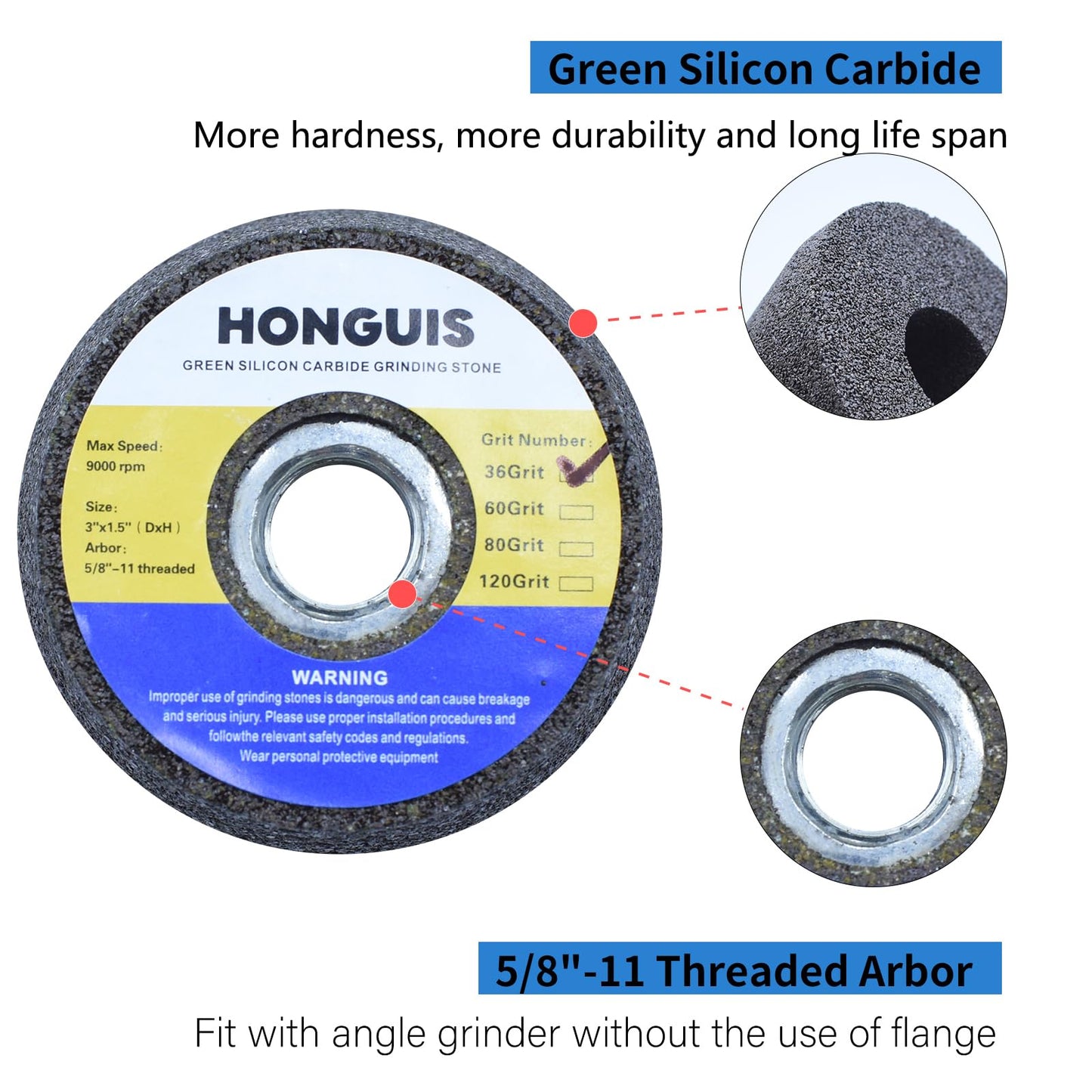 HONGUIS 3 Inch Green SiC Grinding Stone Wheel,Flaring Cup Wheel for Granite Marble Concrete Masonry with 5/8"-11 Threaded Arbor(36 Grit)