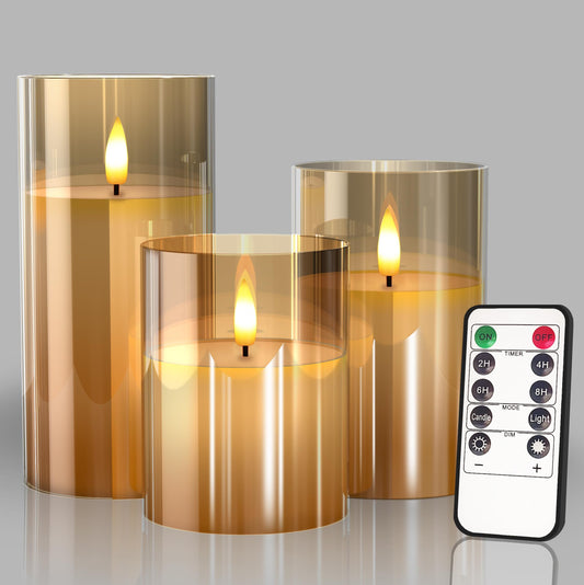 Tyawon Glass Flameless LED Candles, Battery Operated with Remote & Timer, Real Wax Warm Flicker for Festival Wedding Home Decor, Gold (Pack of 3)
