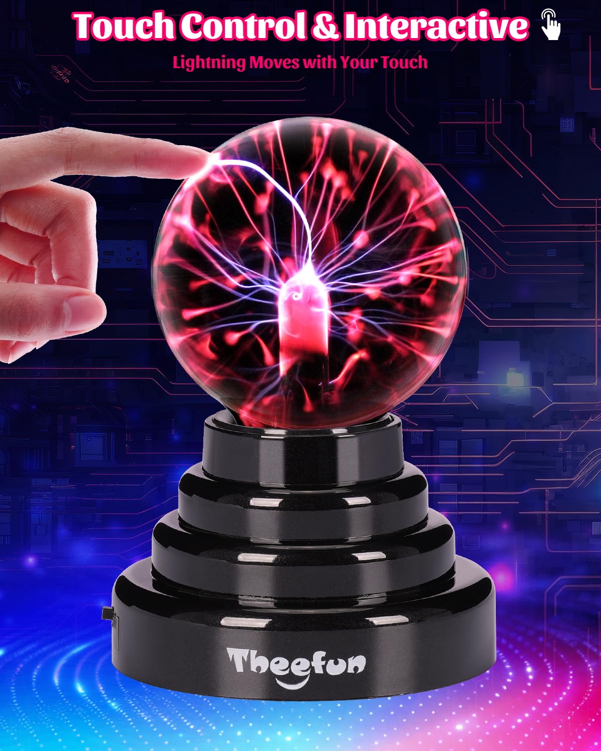 Theefun 3 Inch Plasma Ball Lamp, Touch Sensitive Plasma Globe, USB or Battery Powered, Nebula Lightning Novelty Toy & Home Decor