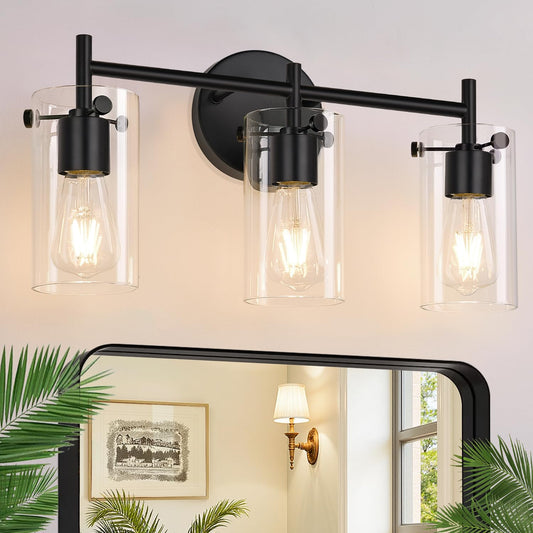 Indoi 3-Light Matte Black Bathroom Vanity Light, Clear Glass Shades, Wall Sconce for Mirror, Bedroom, Hallway & Living Room