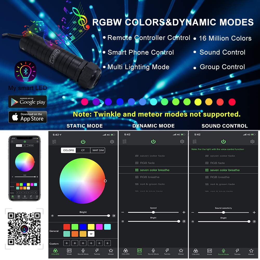 AMKI 6W RGBW Fiber Optic Curtain Light, Bluetooth Waterfall LED for Kids, Sensory Room, Home Decor, 200 Strands, 6.5ft/2m