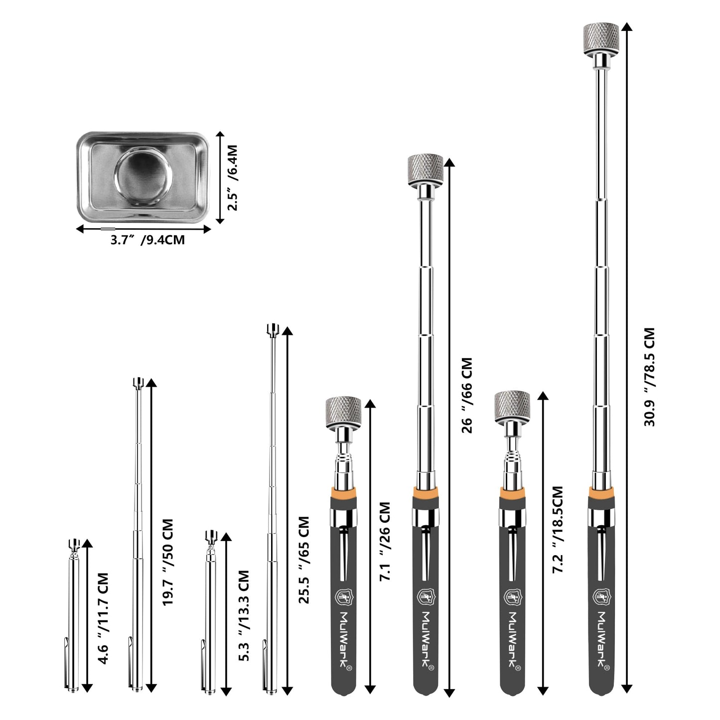 Mulwark 5-Piece Telescoping Magnetic Pickup Tool Set, Extendable 1.5–15LB Strong Pull Magnets with Rust-Proof Magnetic Tray for Mechanics, Automotive & DIY