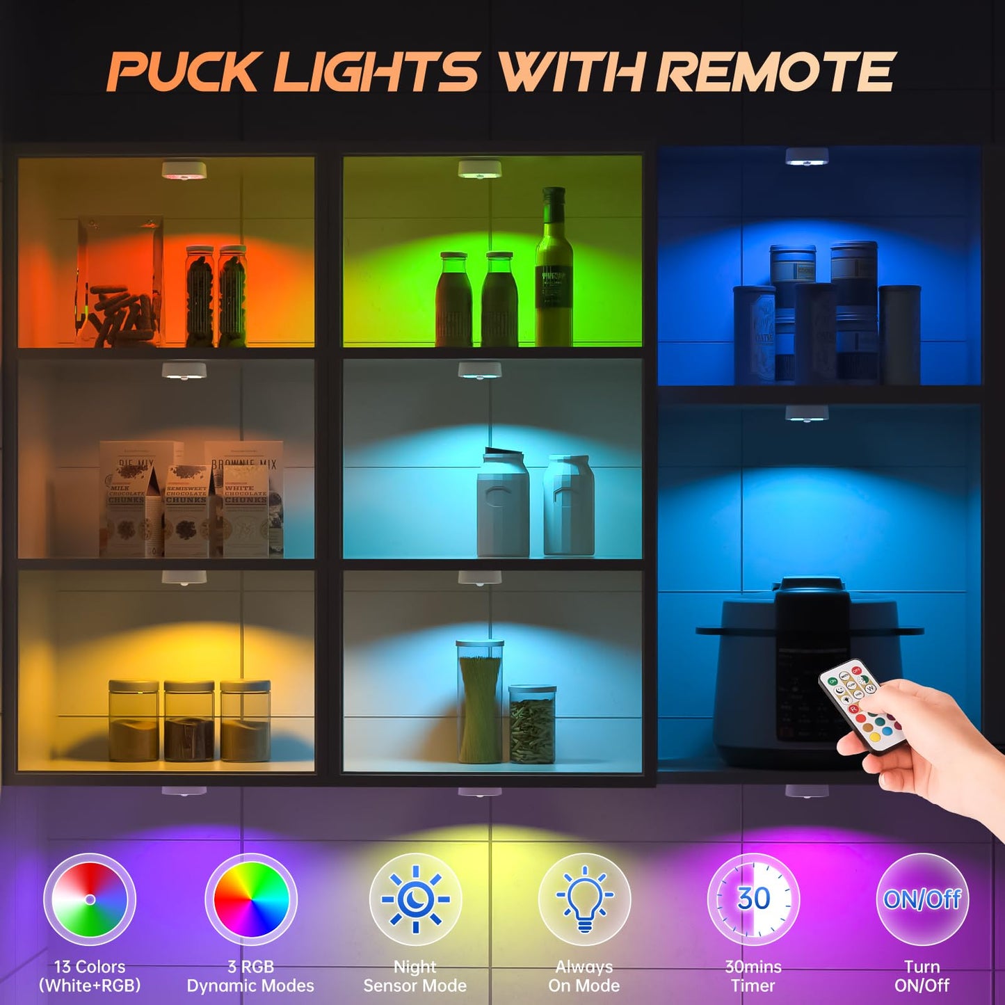Wireless Rechargeable RGB Puck Lights with Charging Station, Motion Sensor LED Under Cabinet & Stair Lights, Remote Control (3 Pack)