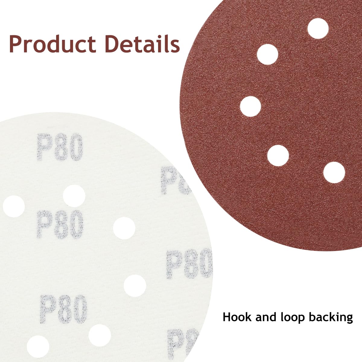 SUPBICCO 5 Inch 8 Hole Sanding Discs Hook and Loop, 50 PCS 80 Grit Round Sand Paper Disc, Aluminum Oxide Sandpaper Pads for Random Orbital Sander