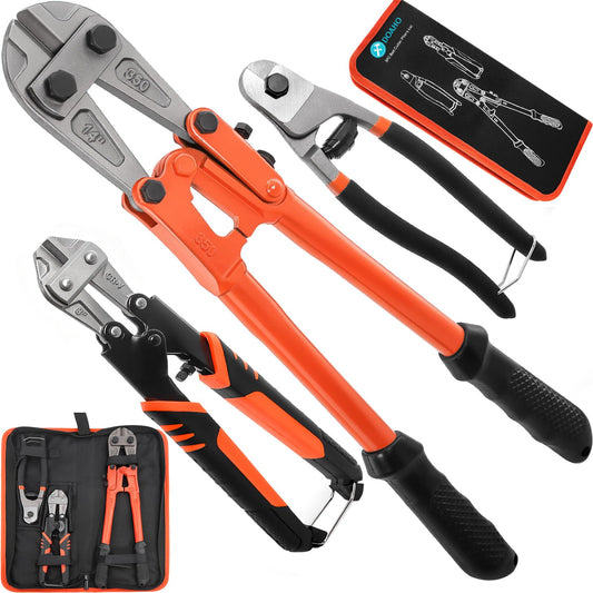 3Pcs Bolt Cutter Set with 14" Heavy Duty, 8" Mini & Wire Rope Cutters with Storage Bag for Locks, Chains, Steel, Metal, Fence