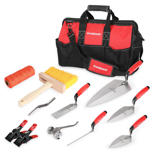 Goldblatt 12PC Masonry Hand Tool Set with Tool Bag – Trowels, Brick Jointer, Raker, String Line, Jag-Clamp & Masonry Brush