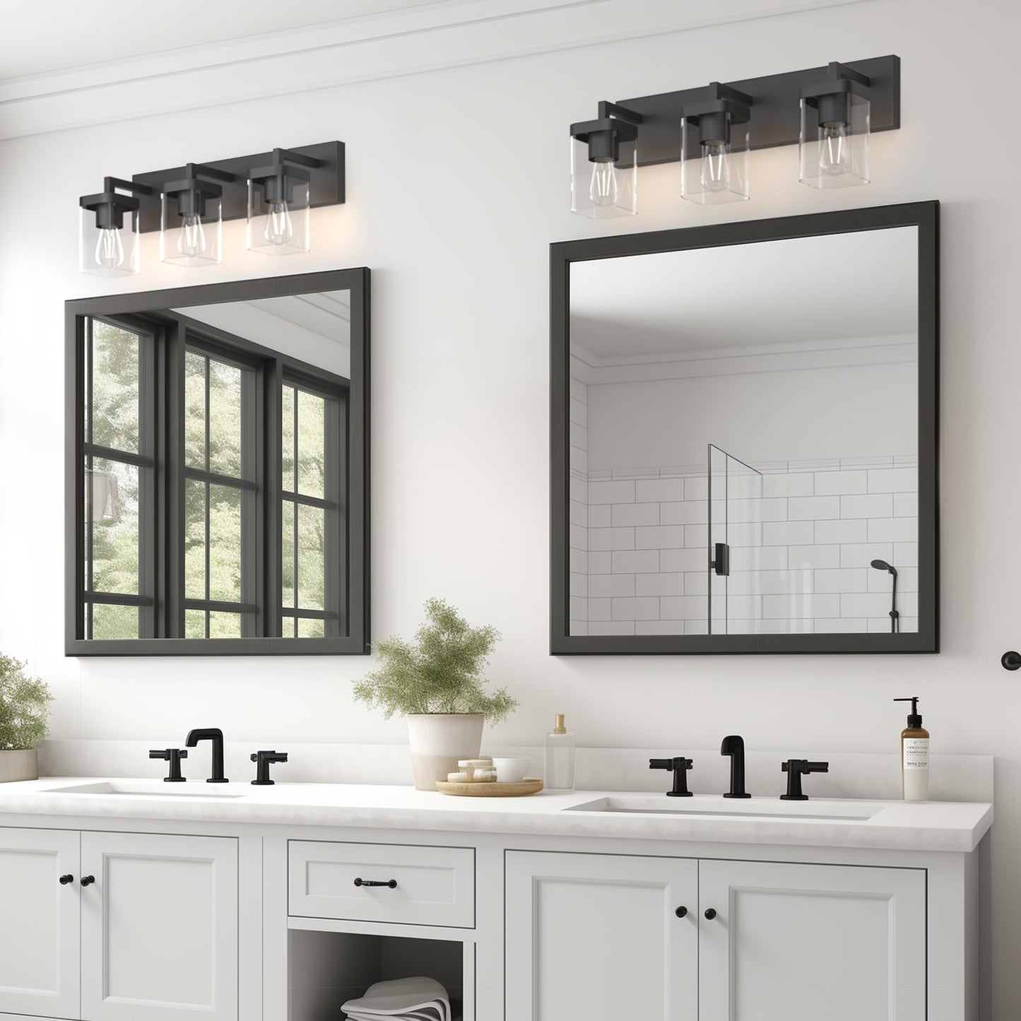 Danshinro Modern 3-Light Bathroom Vanity Light, Square & Rectangle Design, Large Backplate, Black – For Bathroom, Bedroom, Living Room