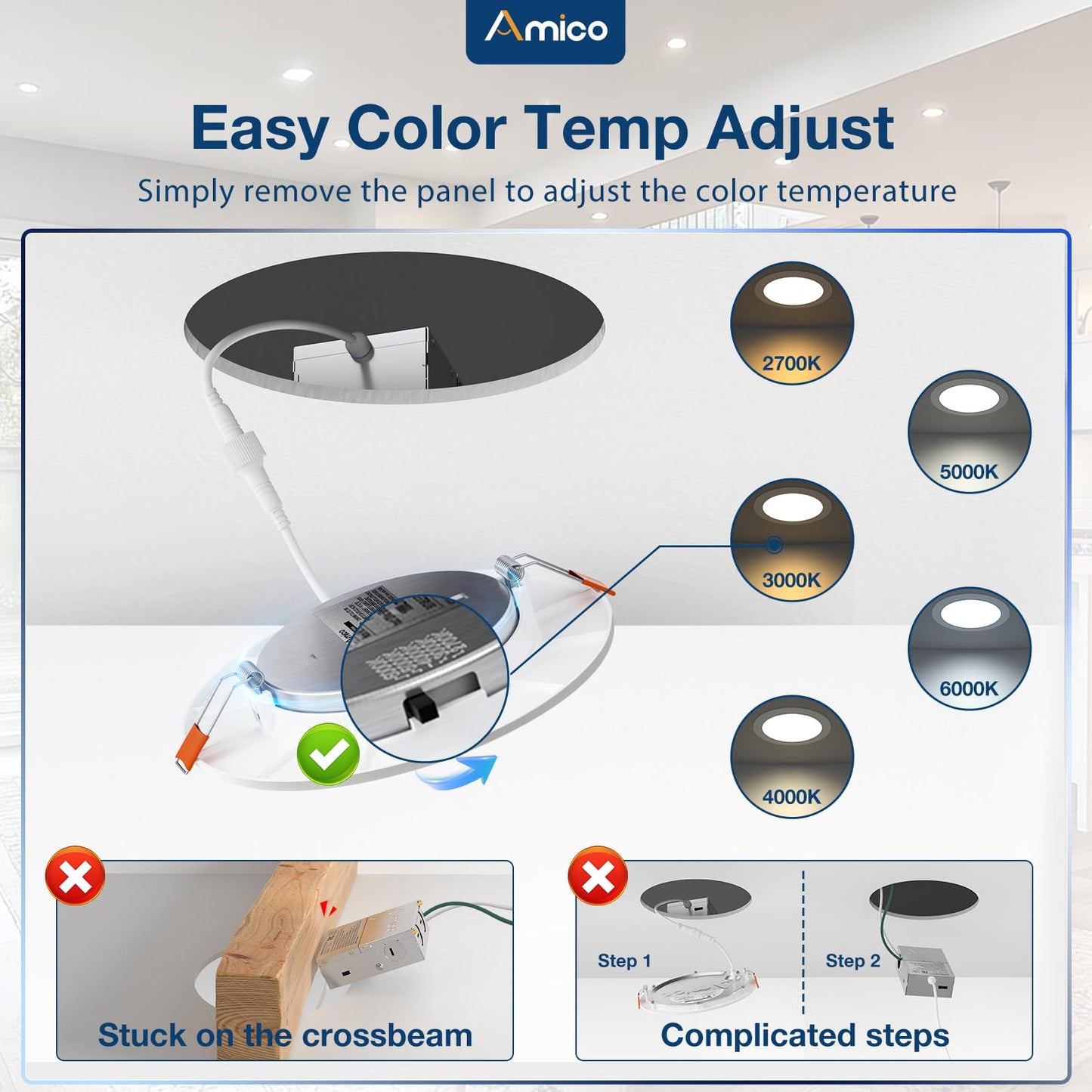 Amico 24-Pack 6" LED Recessed Canless Downlight, 5 CCT 2700-6000K, 1000LM Dimmable, Ultra-Thin Wafer, 12W (110W Eqv), ETL & FCC