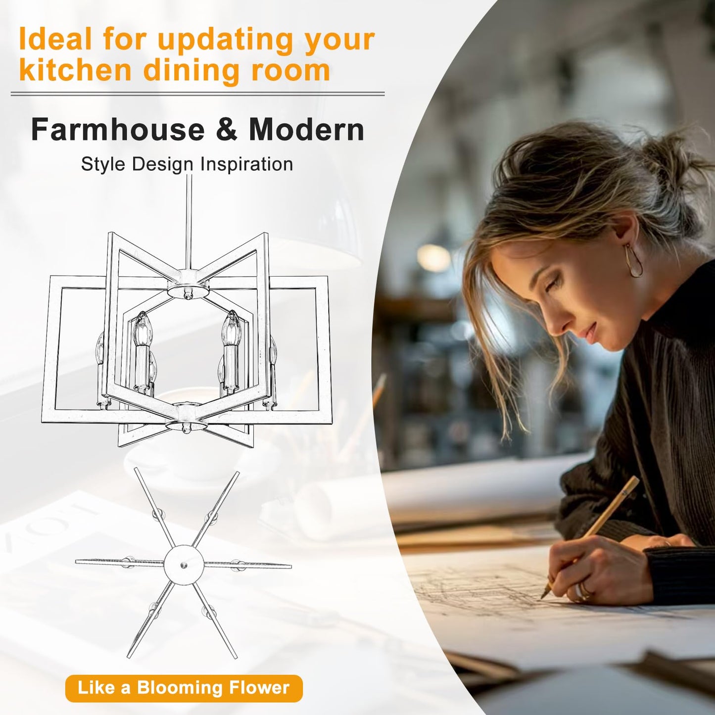 21.6" Black Farmhouse Chandelier, 6-Light Geometric Pendant, Modern Industrial Rustic Lighting for Kitchen, Dining, Living Room