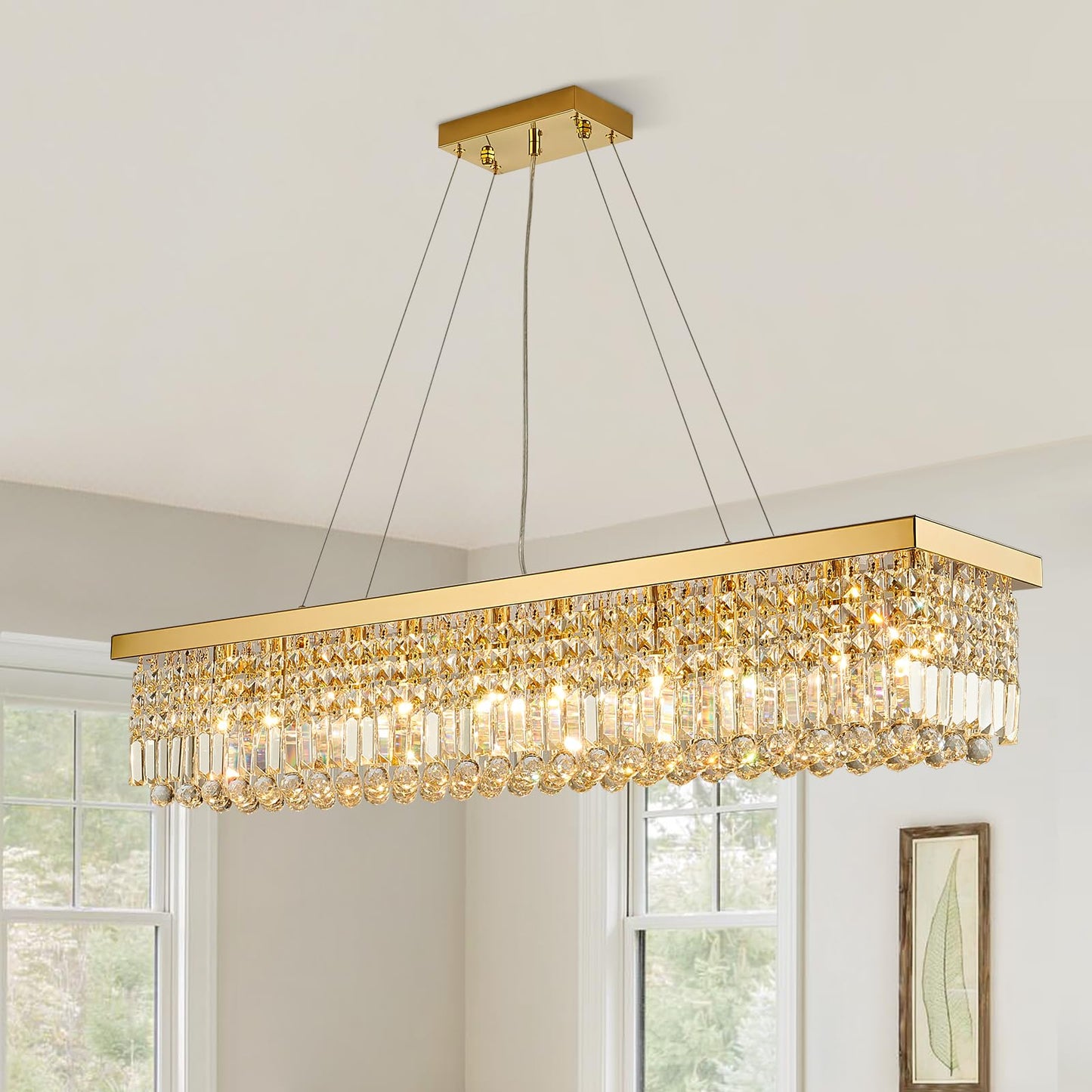 Siljoy 10-Light Modern Gold Crystal Chandelier, Rectangular Raindrop Pendant Ceiling Light for Dining Room, Kitchen Island, Bar