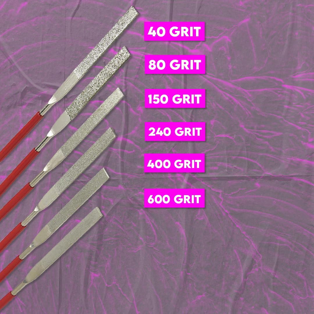 SE 74330DF 6-Piece Diamond Grit File Set, Multi-Grit Flat Files for Metal Glass Stone, 7″ Length, 2″ Diamond Surface, Round Handles, PVC Pouch