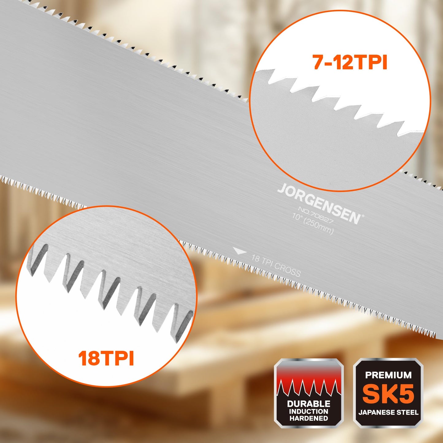 JORGENSEN 10-Inch Japanese Pull Saw, Double Edge Hand Saw with SK5 Flexible Replaceable Blade, 7–12 & 18 TPI Flush Cut for Woodworking