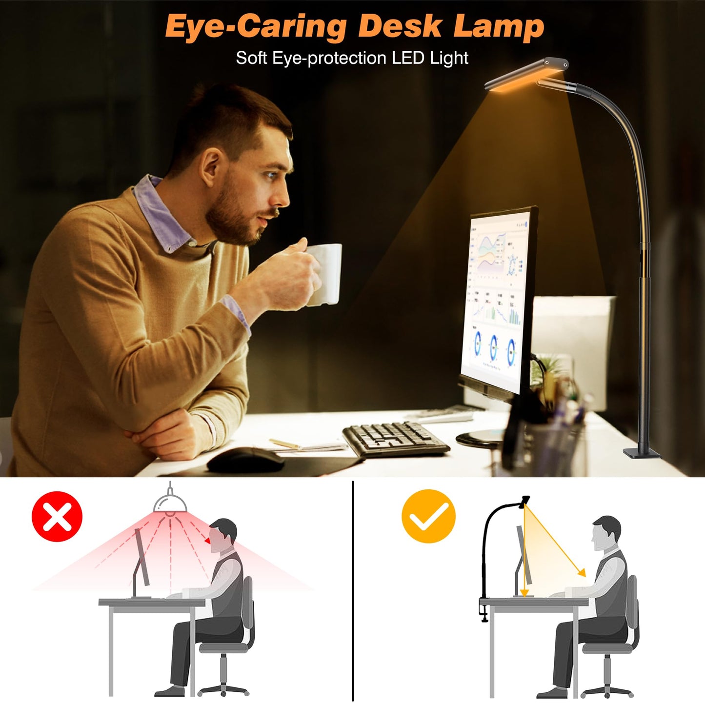 Airlonv LED Desk Lamp, Eye-Caring, Stepless Dimming, Flexible Gooseneck, USB & Clamp, Adjustable Light for Reading, Study, Work