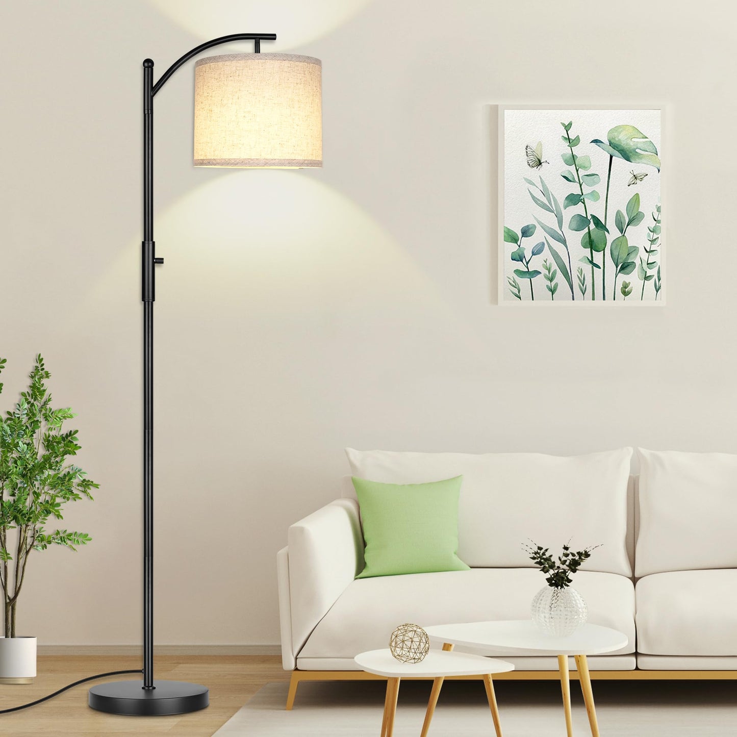 ROTTOGOON Dimmable Arc Floor Lamp, Stepless Dimming Modern Standing Lamp with Linen Shade for Living Room Bedroom Office, Black