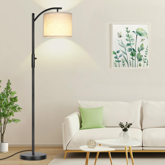 ROTTOGOON Dimmable Arc Floor Lamp, Stepless Dimming Modern Standing Lamp with Linen Shade for Living Room Bedroom Office, Black