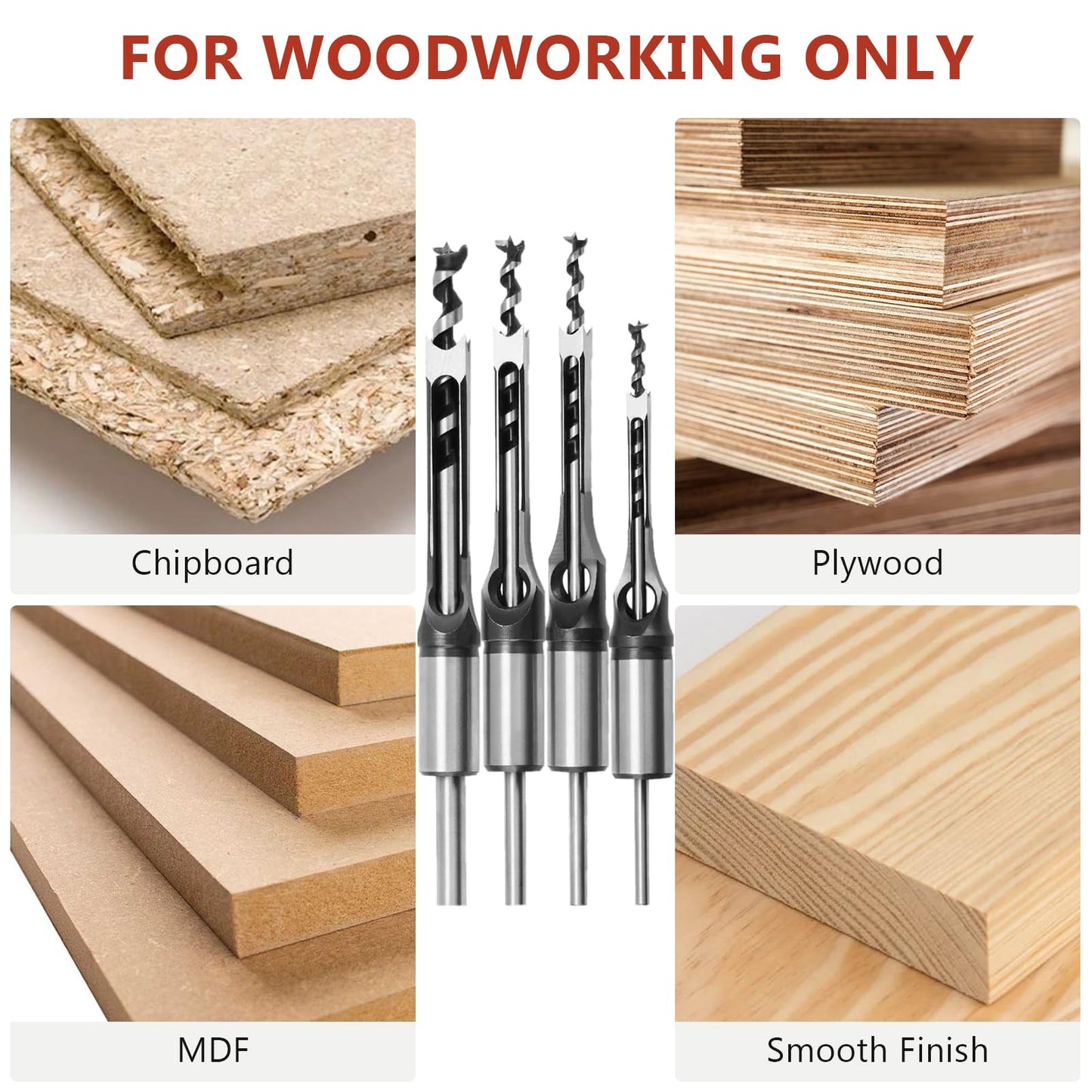 4-Piece Mortise Chisel Set 1/4–1/2" Hollow Chisel Drill Bits for Wood Mortising, Mortise & Tenon, Mortiser Tools