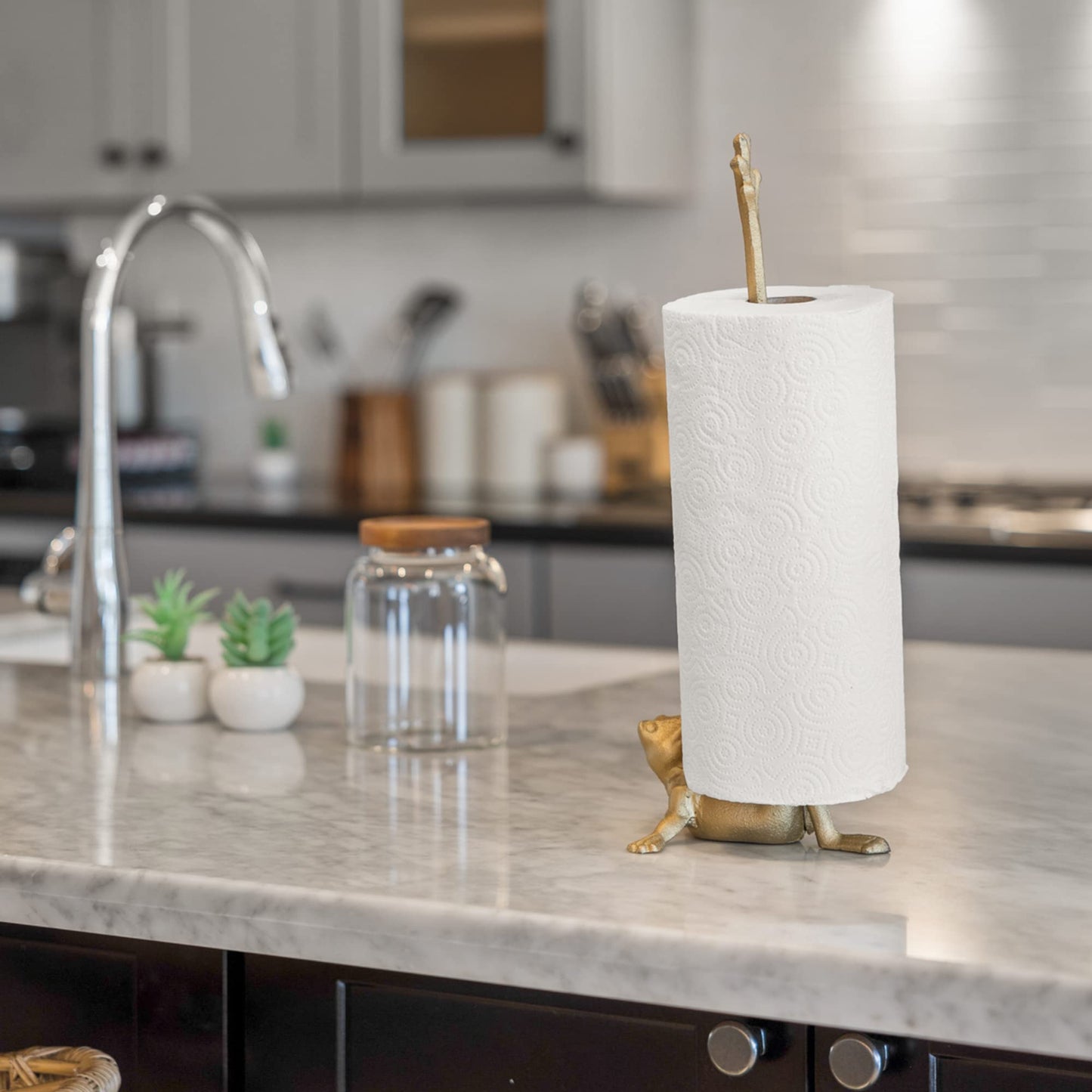 WallCharmers Gold Paper Towel Holder, Metal Toilet or Kitchen Paper Holder for Floor or Countertop, Gold Frog