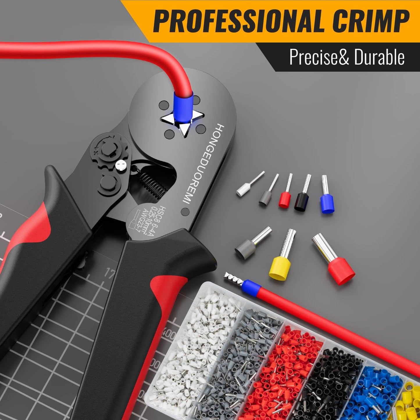 Ferrule Crimping Tool Kit with 1800pcs Wire Ferrules, Self-Adjusting 4-Corner Crimper AWG 23-7, Ratchet Pliers for Electrical, Car, Audio & DIY