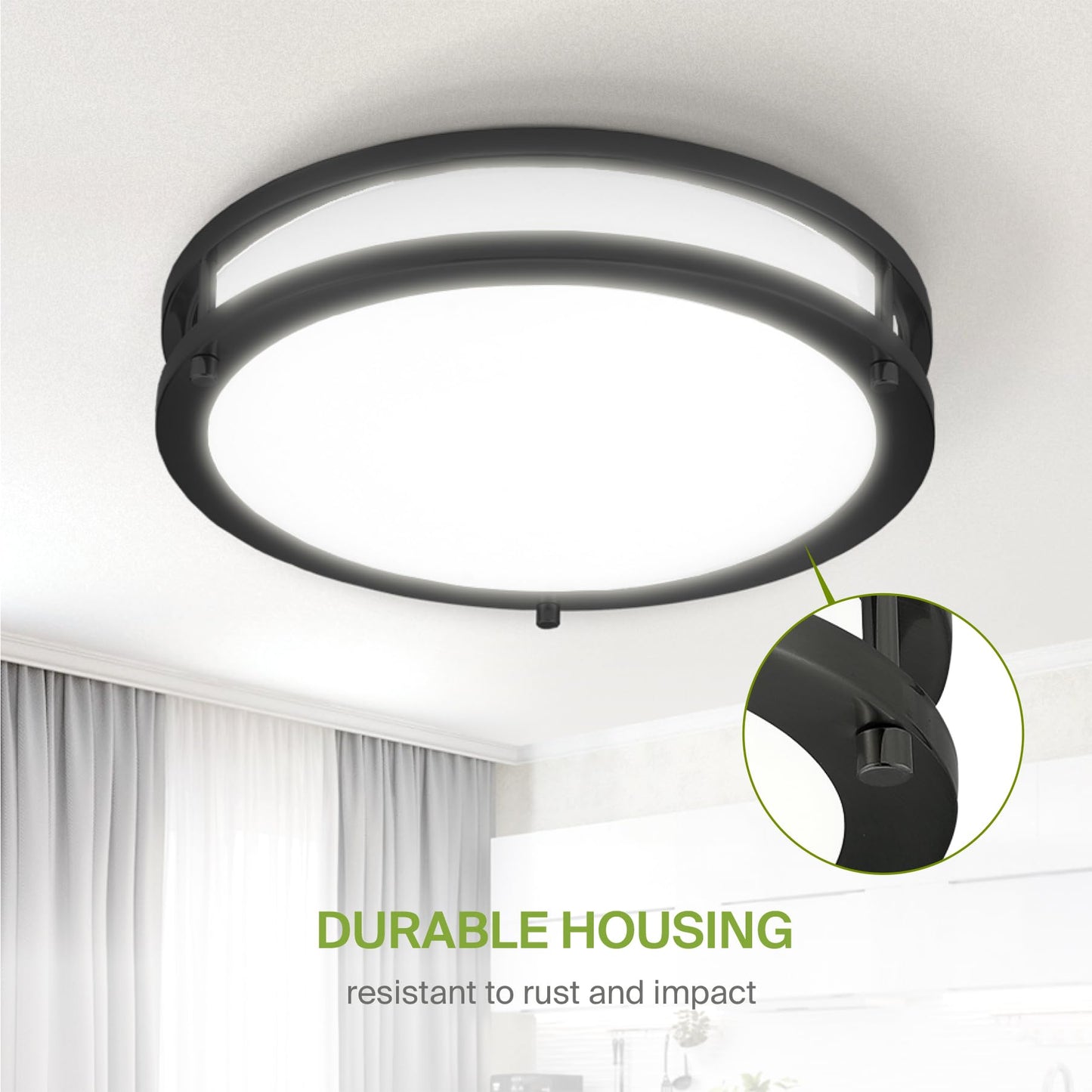 ASD LED 12" Round Flush Mount Ceiling Light, 20W 1550LM, 3CCT Dimmable 3000-5000K, Low Profile Double Ring, Black