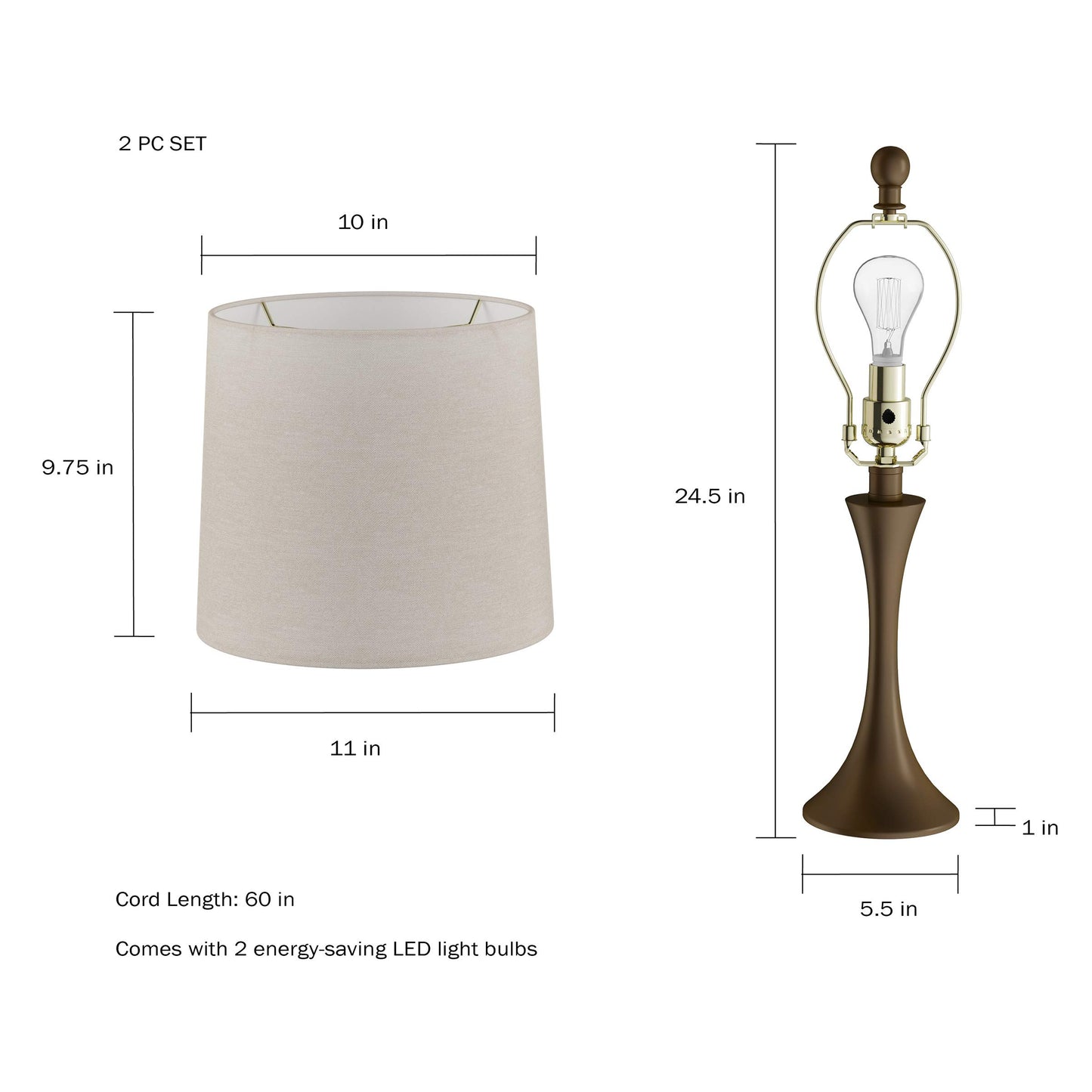 Table Lamps - Set of 2 Mid-Century Modern Lights with Metal Flared Trumpet Base - Includes Energy Efficient LED Light Bulbs by Lavish Home (Bronze)