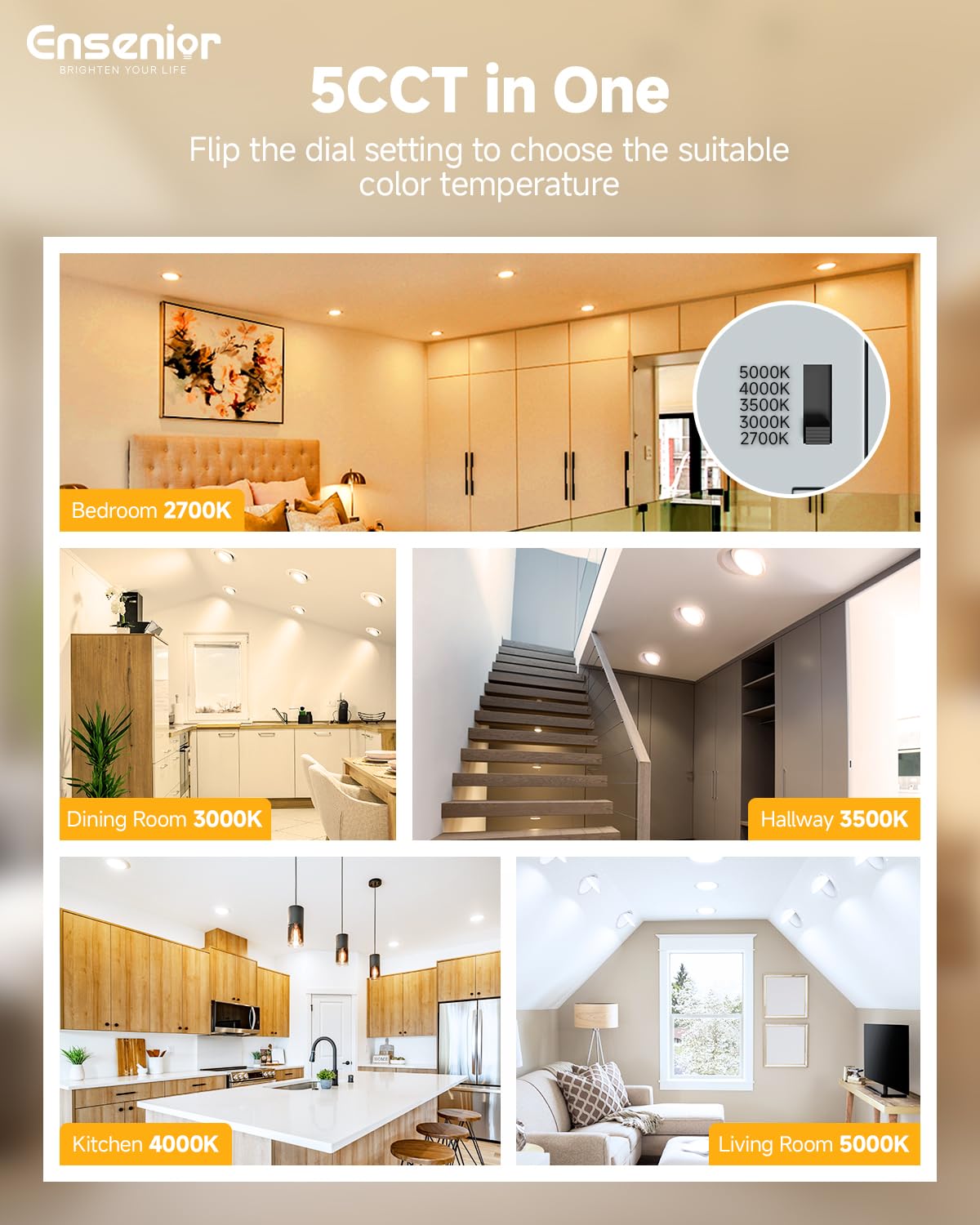 Ensenior 4-Pack 4" LED Gimbal Recessed Light, 5CCT Dimmable, 360°+90° Adjustable, 9W=85W, 900LM, 2700-5000K, ETL & FCC