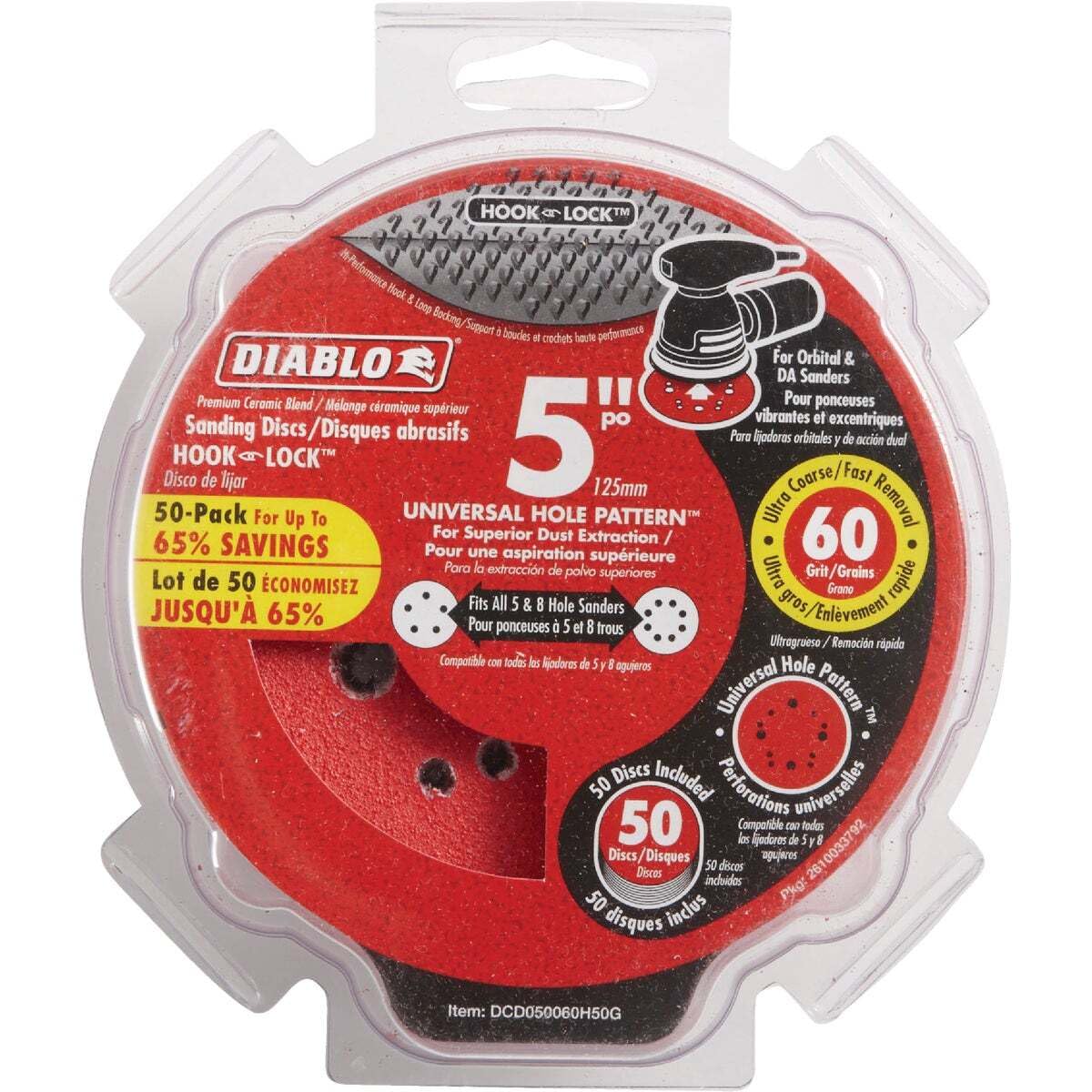 Diablo Hook and Lock ROS Sanding Discs for Wood, Metal and Plastics - 5", 60 Grit, Coarse, Ceramic Blend, 50-Pack - DCD050060H50G
