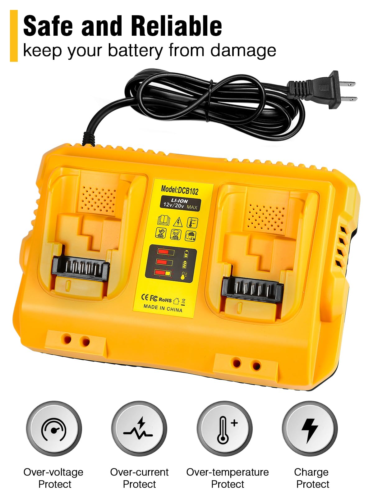 DCB102 20V MAX Battery Charger Replacement for Dewalt Battery Charger, 2 Port Charger Compatible with Dewalt 12V-20V Batteries