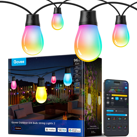 Govee 96ft Smart Outdoor String Lights, RGBIC Warm White S14 Bulbs, 15 LEDs, IP66, 111 Scenes, Alexa & Google Compatible