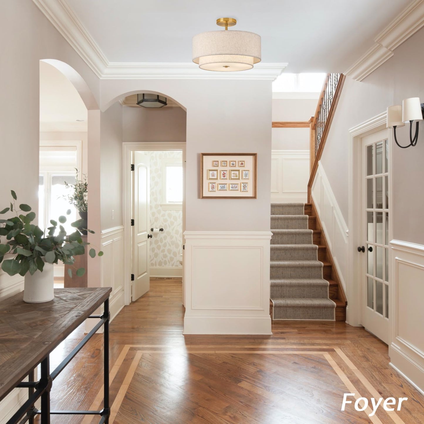 CALOKES 16" Double Drum Gold 3-Light Semi-Flush Ceiling Light with Fabric Linen Shade for Living Room, Bedroom, Kitchen & Hallway