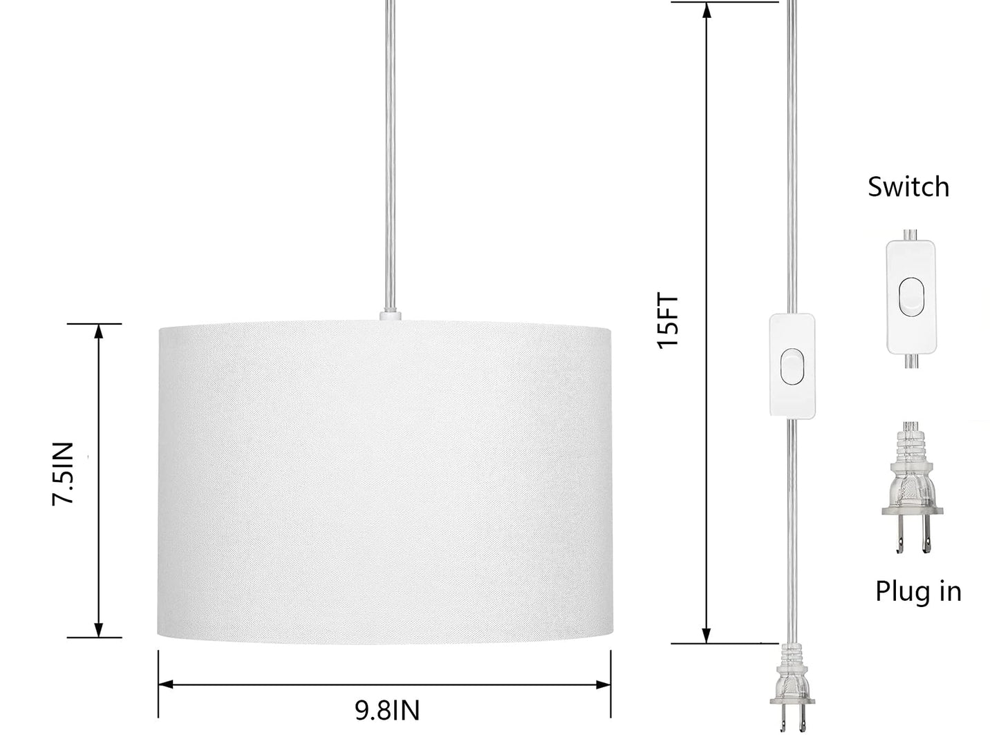 ZSLAIFU 15FT White Hanging Pendant Lamp with Switch & Remote, Plug-in Cord Ceiling Light for Living Room, Bedroom, Farmhouse