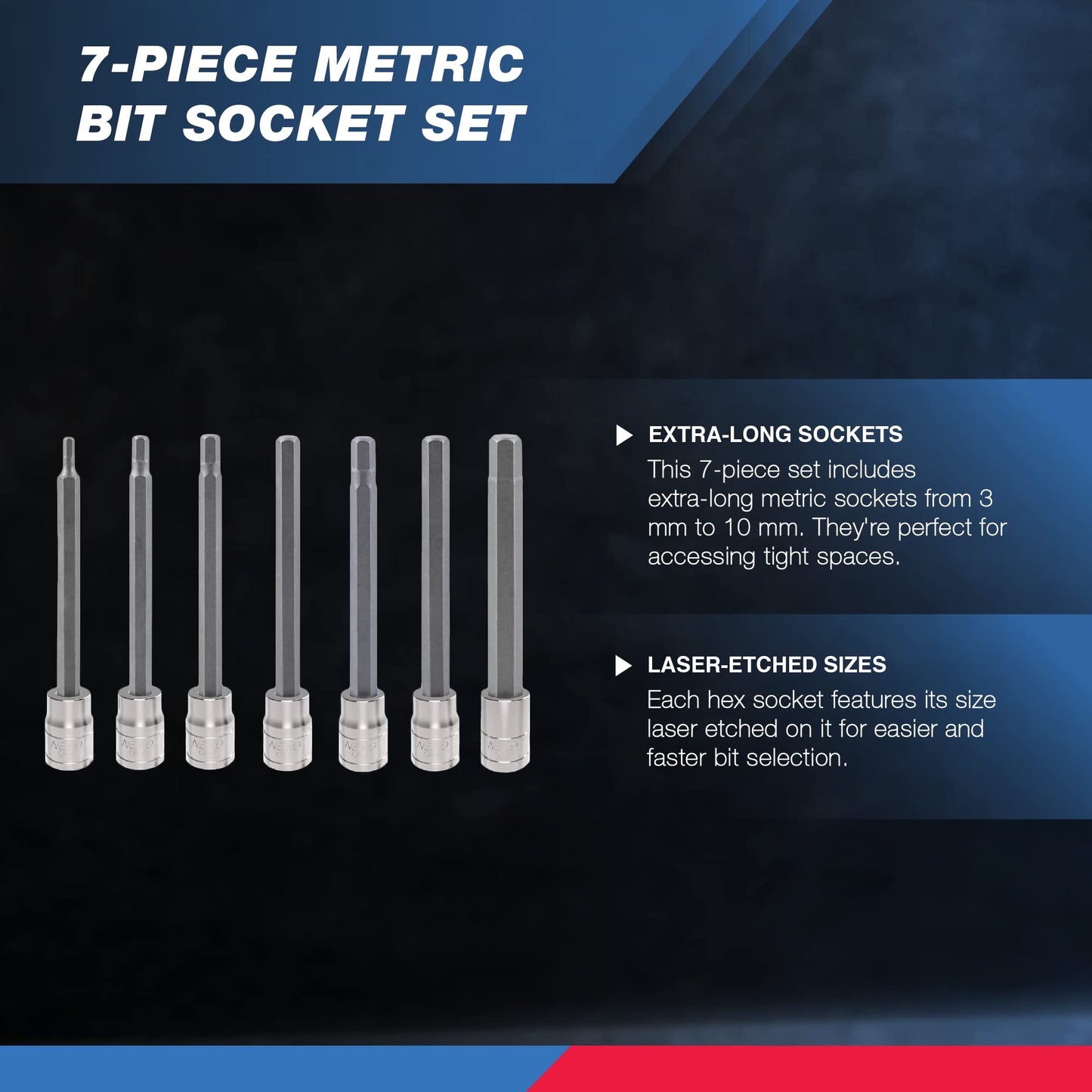 Neiko 10076A 3/8-Inch Drive Extra Long Allen Hex Bit Socket Set, Metric, 3 mm - 10 mm | S2 and Cr-V Steel, 7-Piece Set