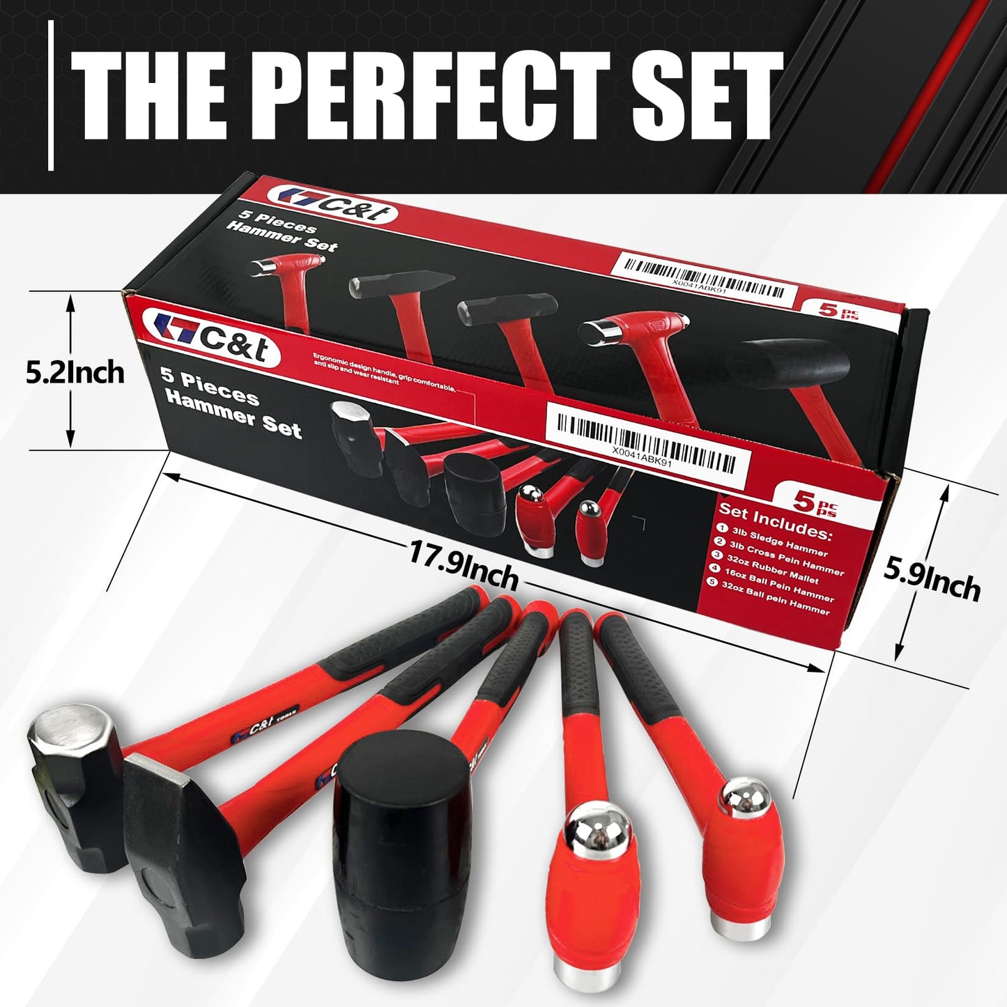 C&T 5-Piece Hammer & Mallet Set – 16oz & 32oz Ball Peen, 32oz Rubber Mallet, 3lb Sledge & Cross Peen, Fiberglass Handles