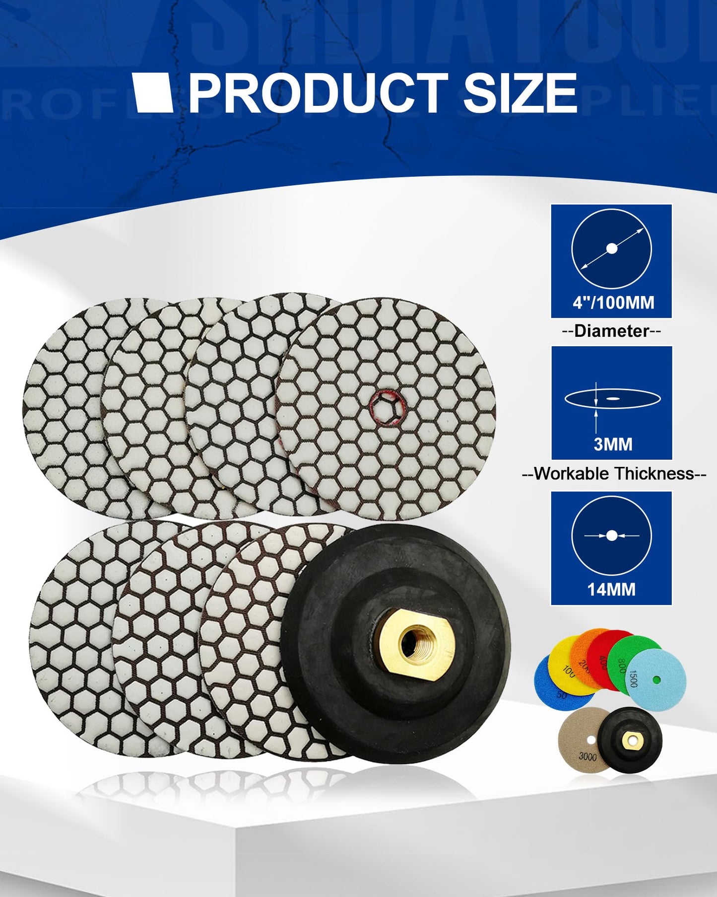 SHDIATOOL Dry Diamond Polishing Pads 4 Inch Set of 7 Pieces Plus a Rubber Backer for Granite Marble Stone Sanding Pads