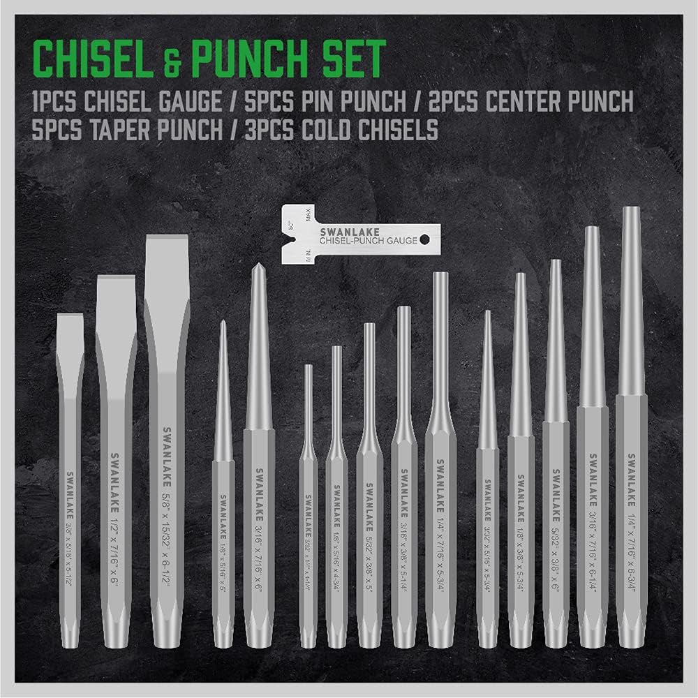 16-Piece Precision Punch & Chisel Set - Taper Punch, Pin Center Punch, Cold Chisels & Gauge for Versatile Applications