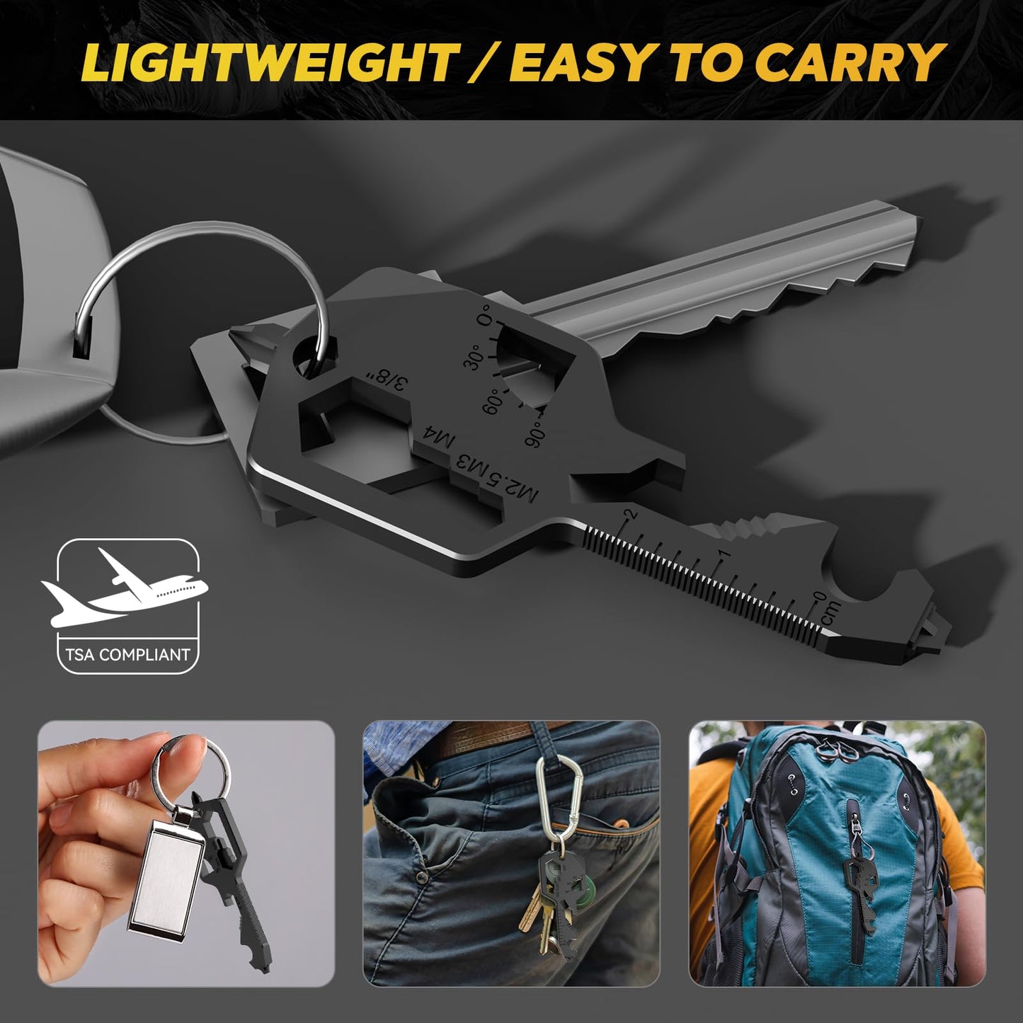 Key-Shaped Pocket Multitool 20-in-1, Stainless Steel Keychain Utility Gadget, Compact EDC Tool Gift for Men & Women (Black)