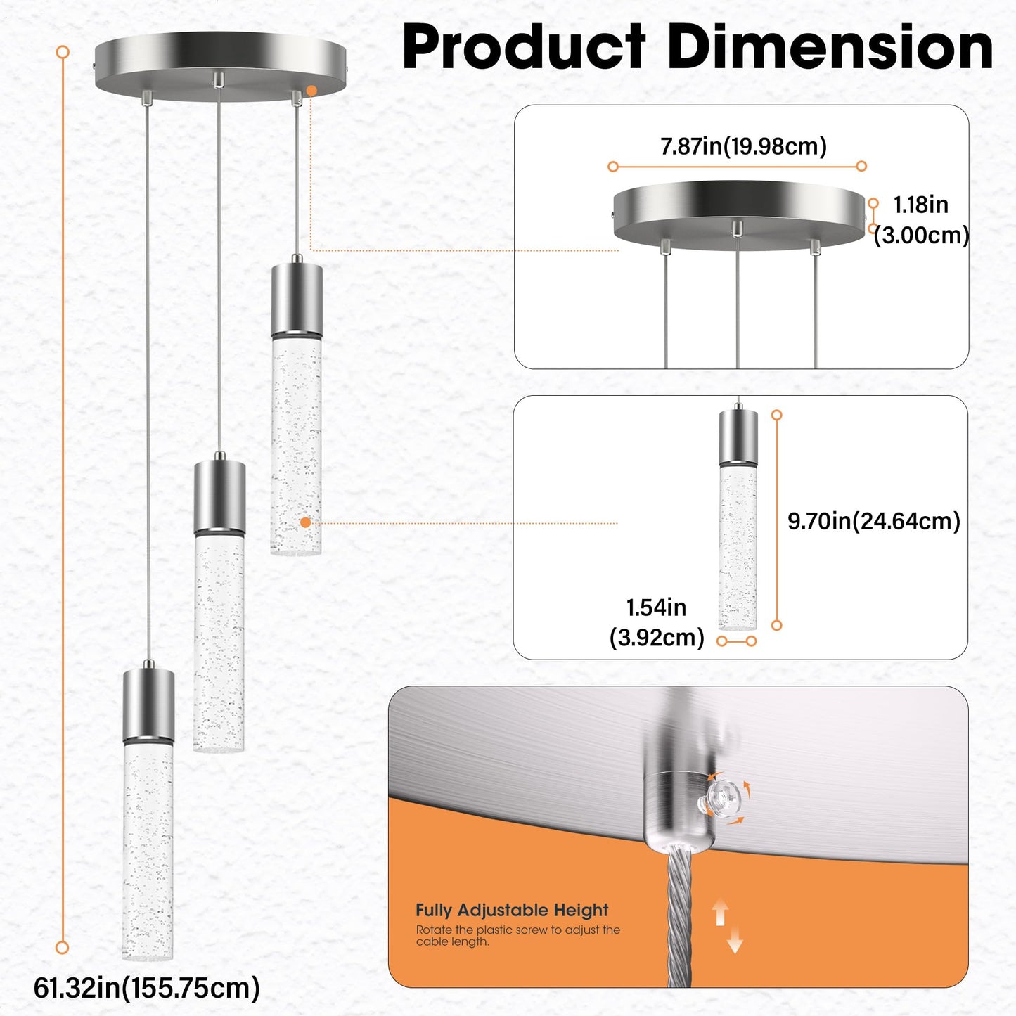 Esfos 3-Light Pendant Ceiling Light for Kitchen Island, Brushed Nickel with Crystal Bubble, Integrated LED 6500K Modern Hanging Light