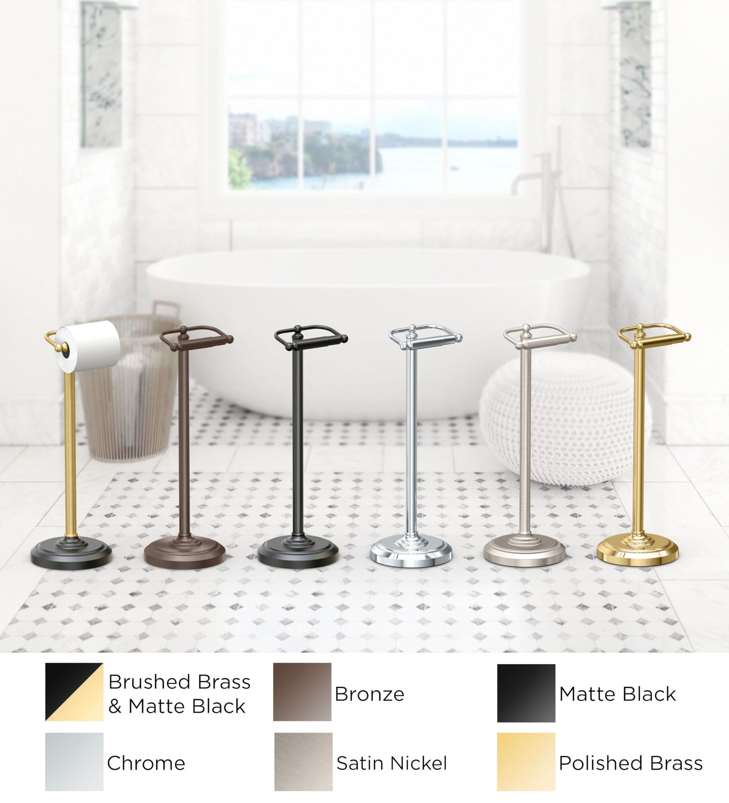 Gatco 1436MX, Freestanding Toilet Paper Holder, 22” H, Matte Black/Floor Standing Weighted Base Toilet Paper Holder Stand