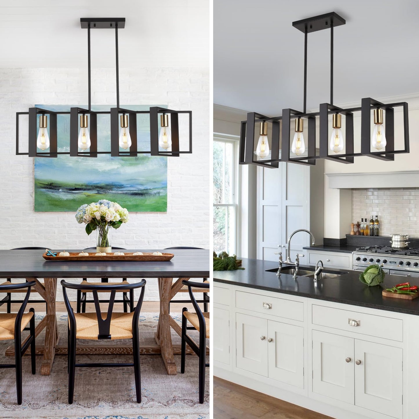 35.4" Kitchen Island Lighting Fixture, Dining Room 4 Lights Chandeliers, Black Wood+Metal Pendant Light for Foyer Hallway Living Room